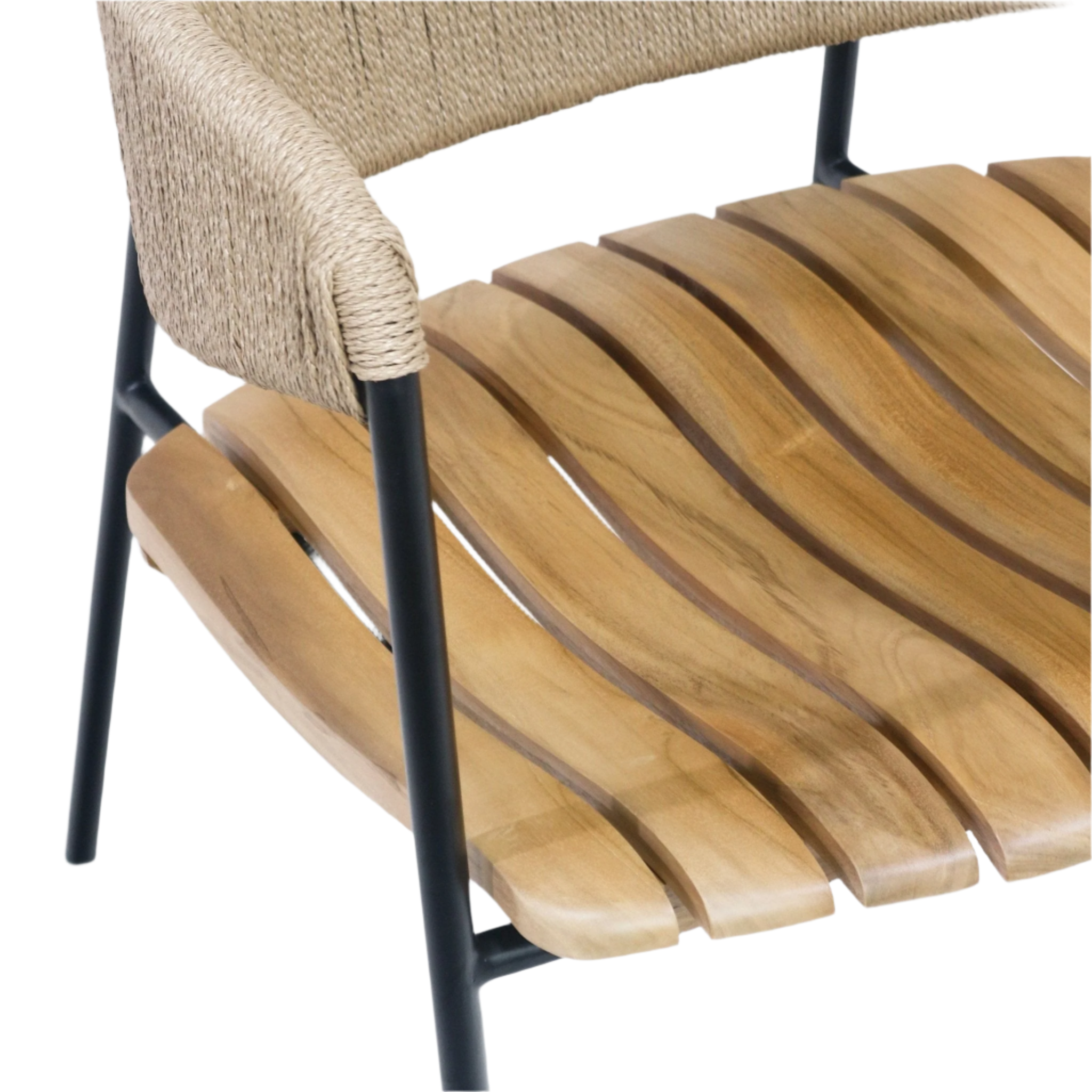 Close-up of a dining chair's curved teak slatted seat with black metal frame and natural rush-woven backrest, showing warm wood grain, rounded slats, and wrapped rope detailing for a coastal-contemporary look.