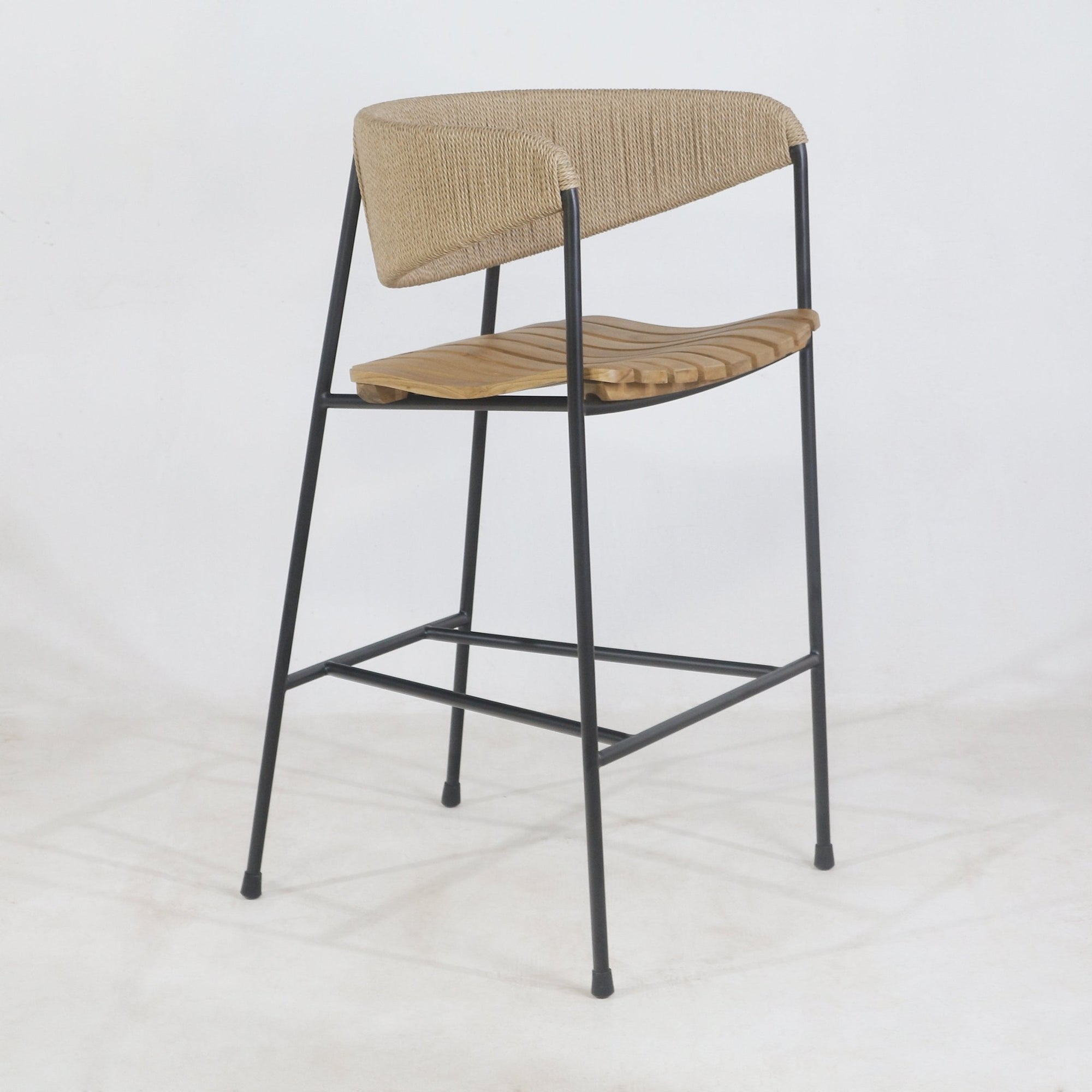 Clara Stool with Teak Seat and Rush Weaving Backrest - INTERIORTONIC