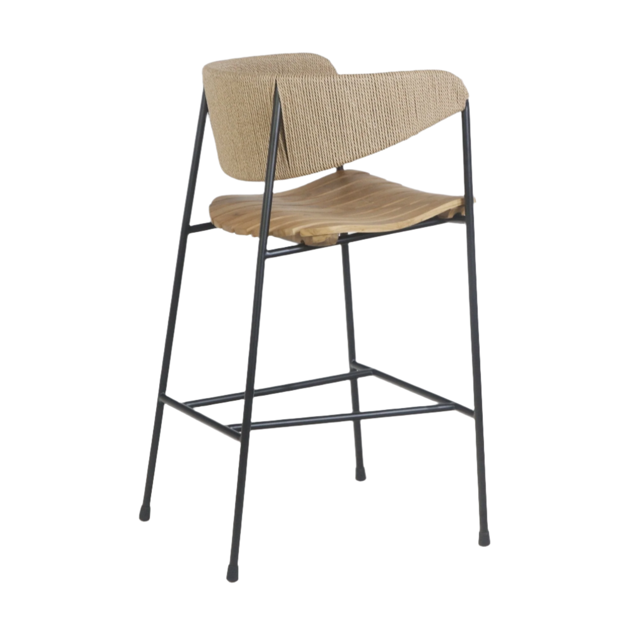 Counter-height stool with a black steel frame, sculpted teak slatted seat and natural rush-woven curved backrest shown on a white background.
