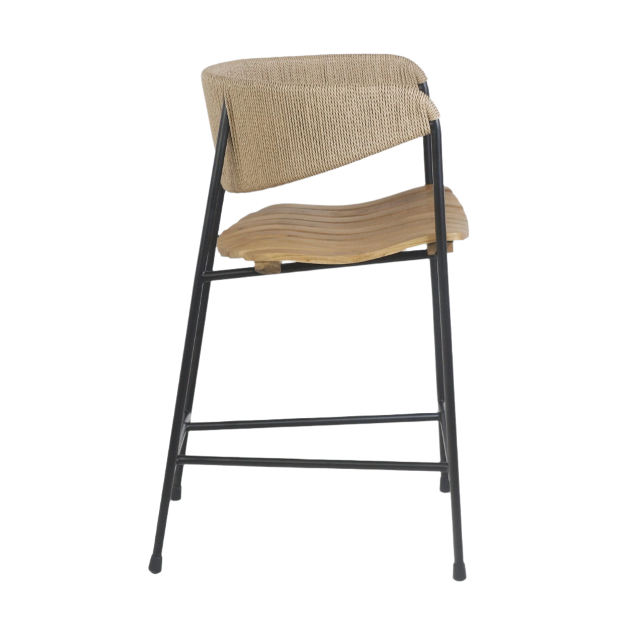 Counter-height stool with a sculpted teak seat, natural rush-woven backrest and slim black steel frame with integrated footrest, shown isolated on a white background.