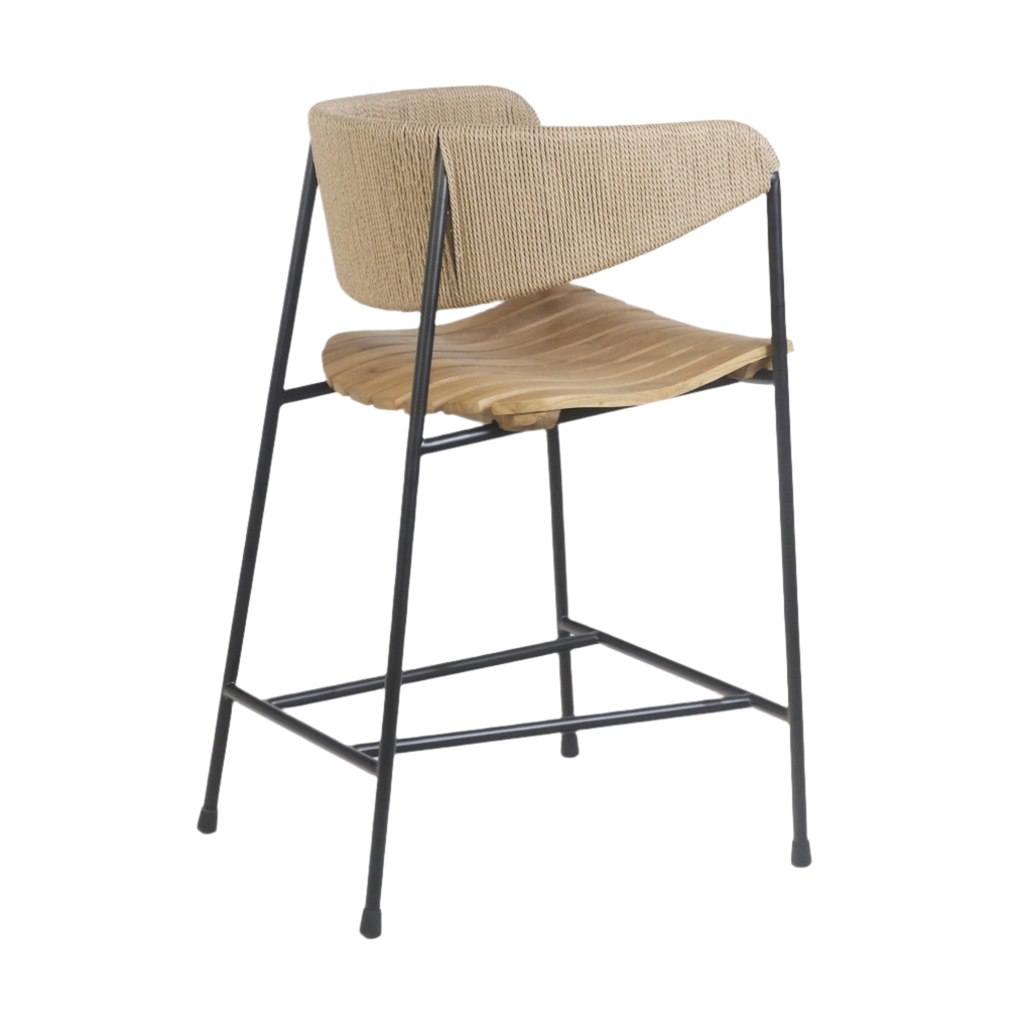 Counter-height stool with a sculpted teak slatted seat and natural rush-woven beige backrest supported by a slim black steel frame with integrated metal footrest.