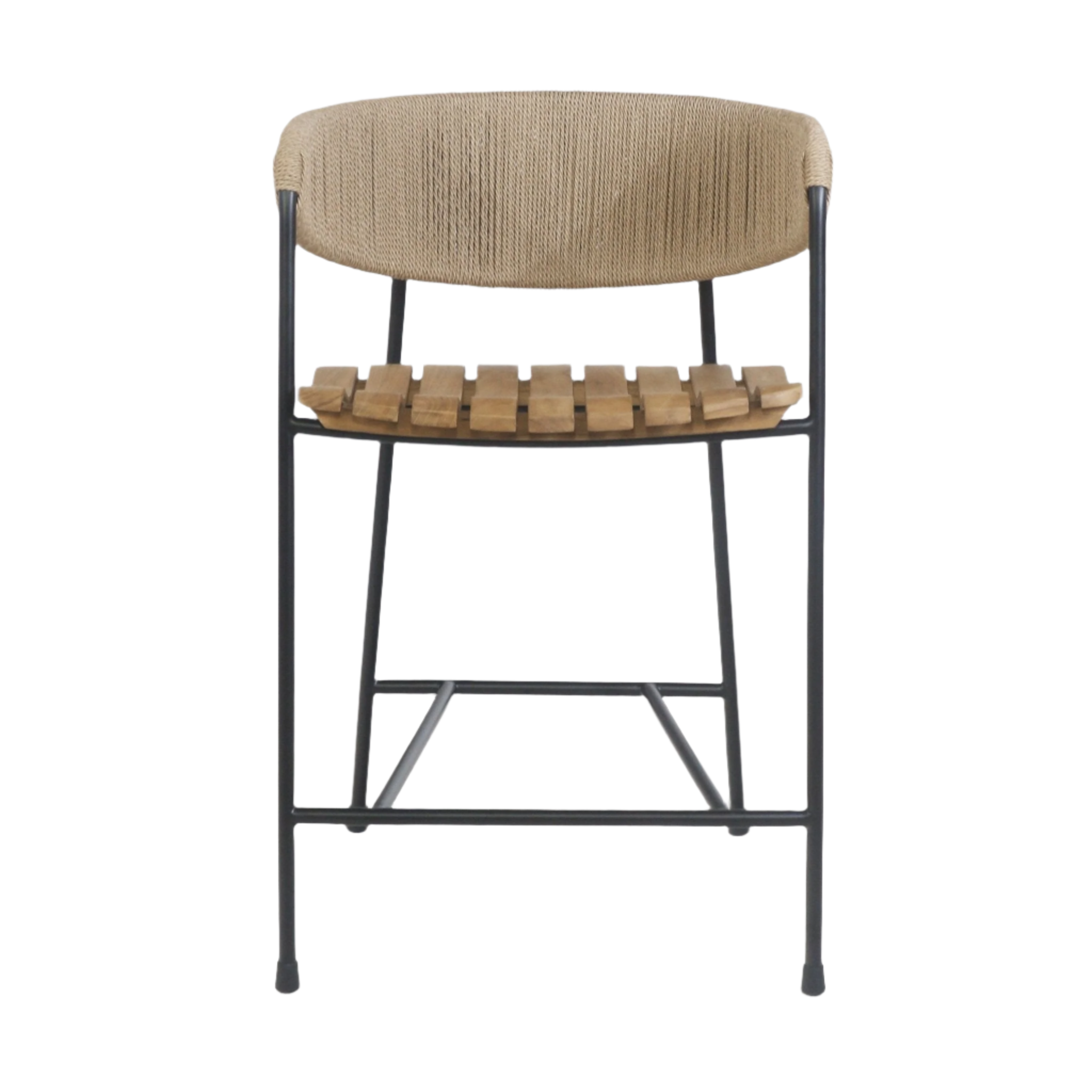 Front view of a coastal-style stool with a slatted teak seat, natural rush-woven curved backrest and slim black steel frame with integrated footrest.