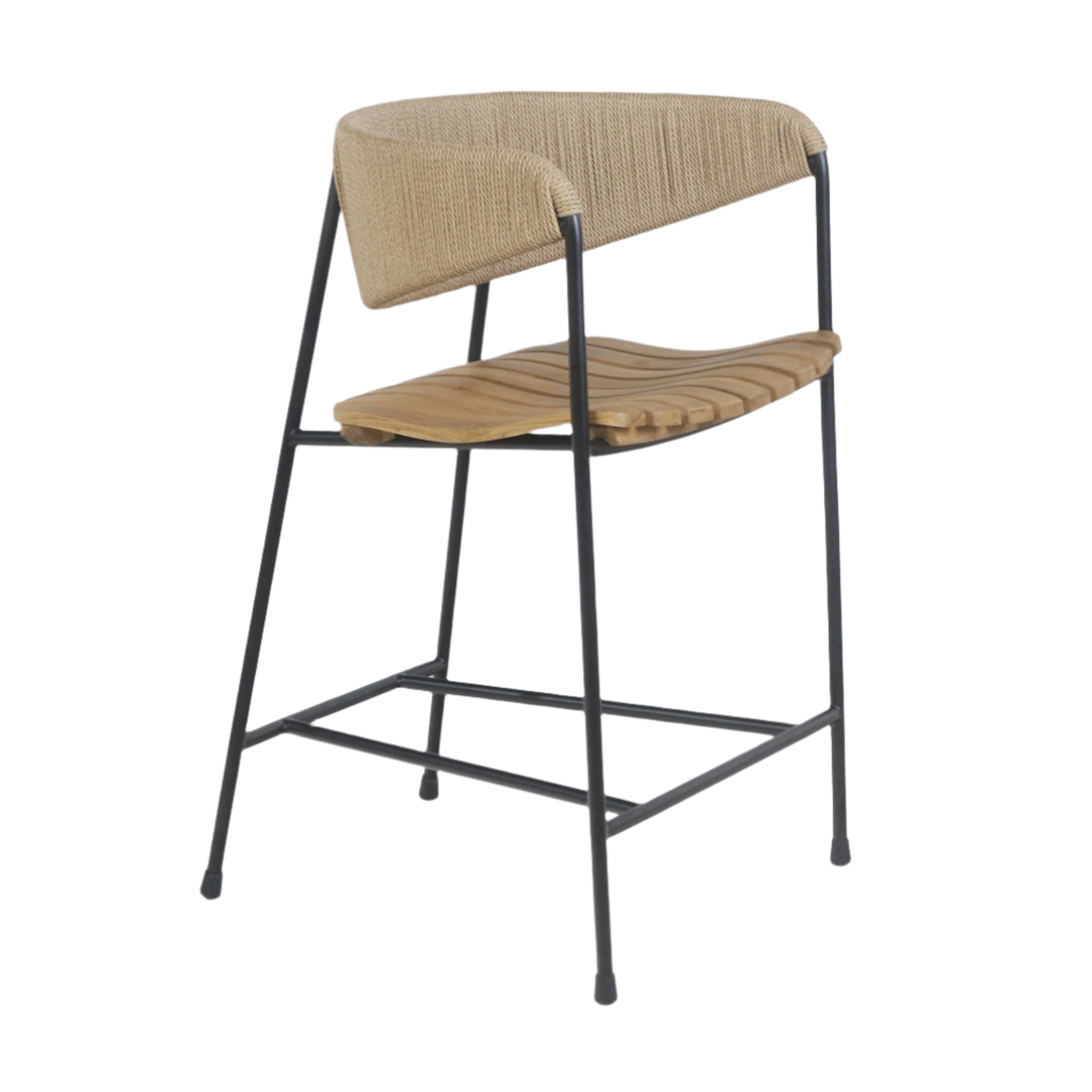 Counter-height stool with sculpted slatted teak seat, natural rush-woven curved backrest and slender black steel frame with integrated footrest.