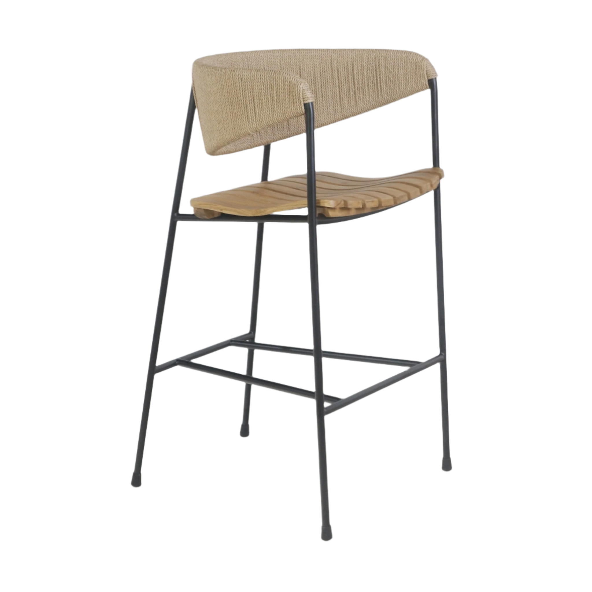Counter-height stool with a curved natural rush-woven backrest, sculpted teak slatted seat and slim matte-black steel frame with integrated footrest.