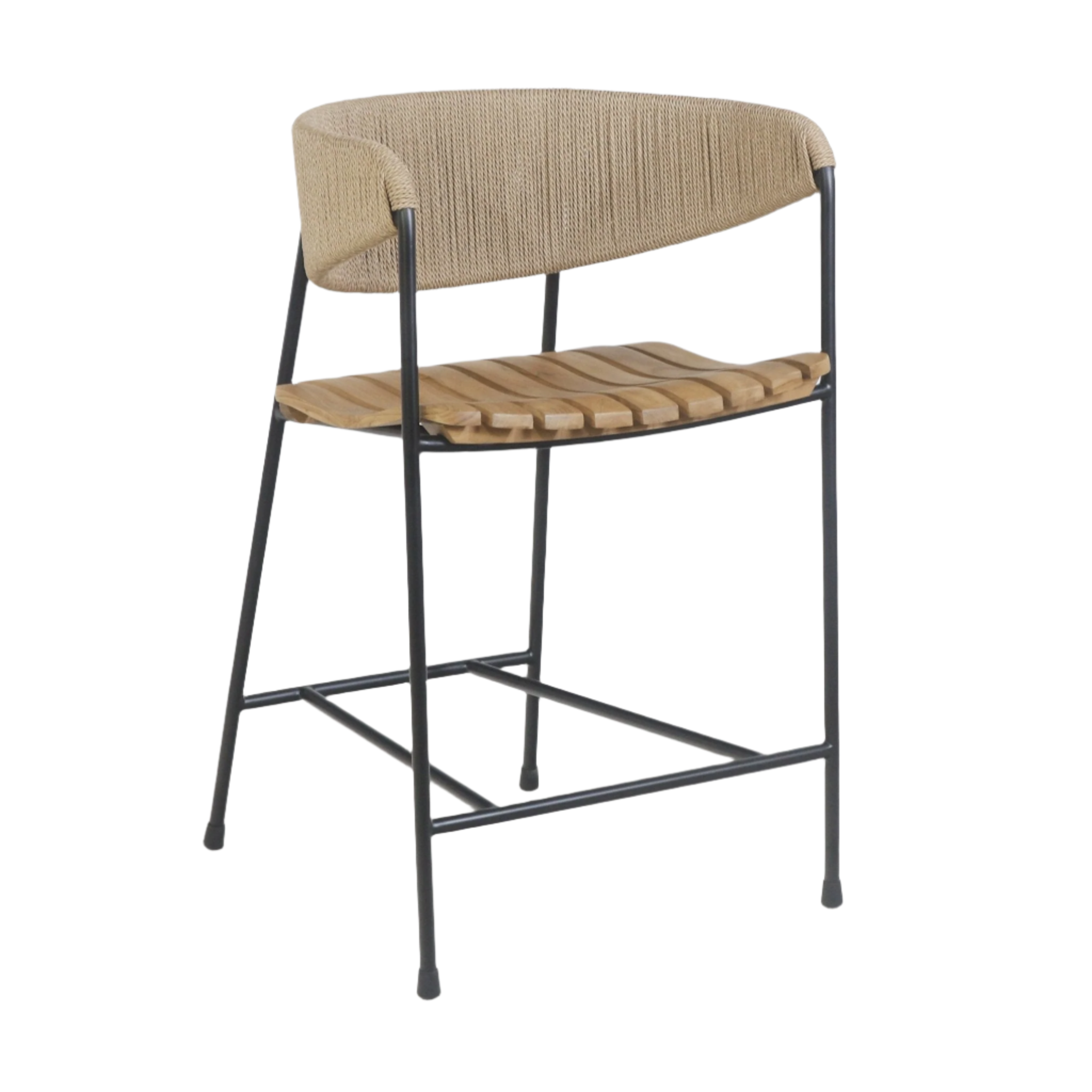 Counter-height stool with a slatted natural teak seat and curved rush-woven backrest wrapped in natural rope, supported by a slim black steel frame with crossbar footrest.