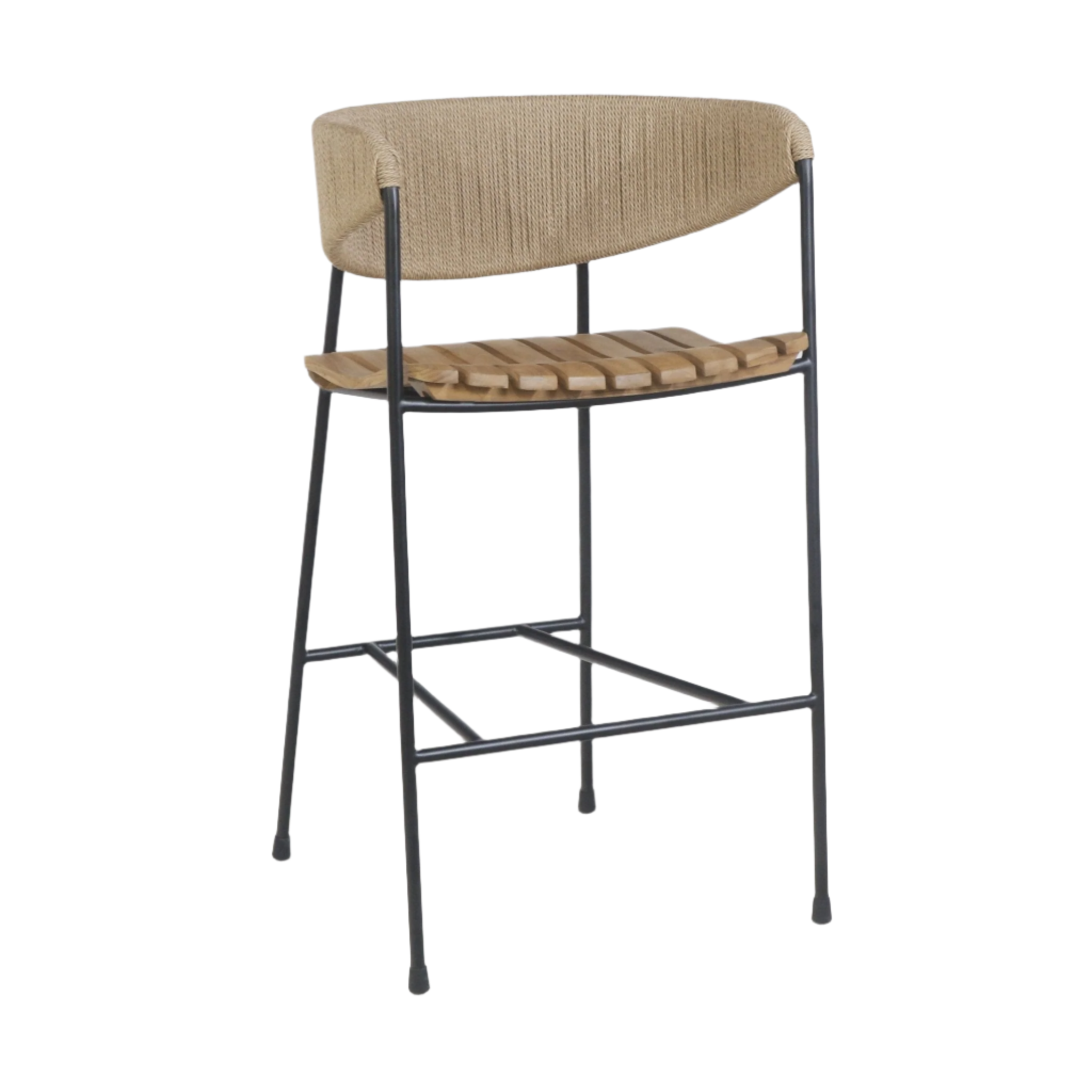 Counter-height stool with slim steel frame, slatted teak seat and natural rush-woven curved backrest, tapered legs with integrated square footrest shown on a white background.