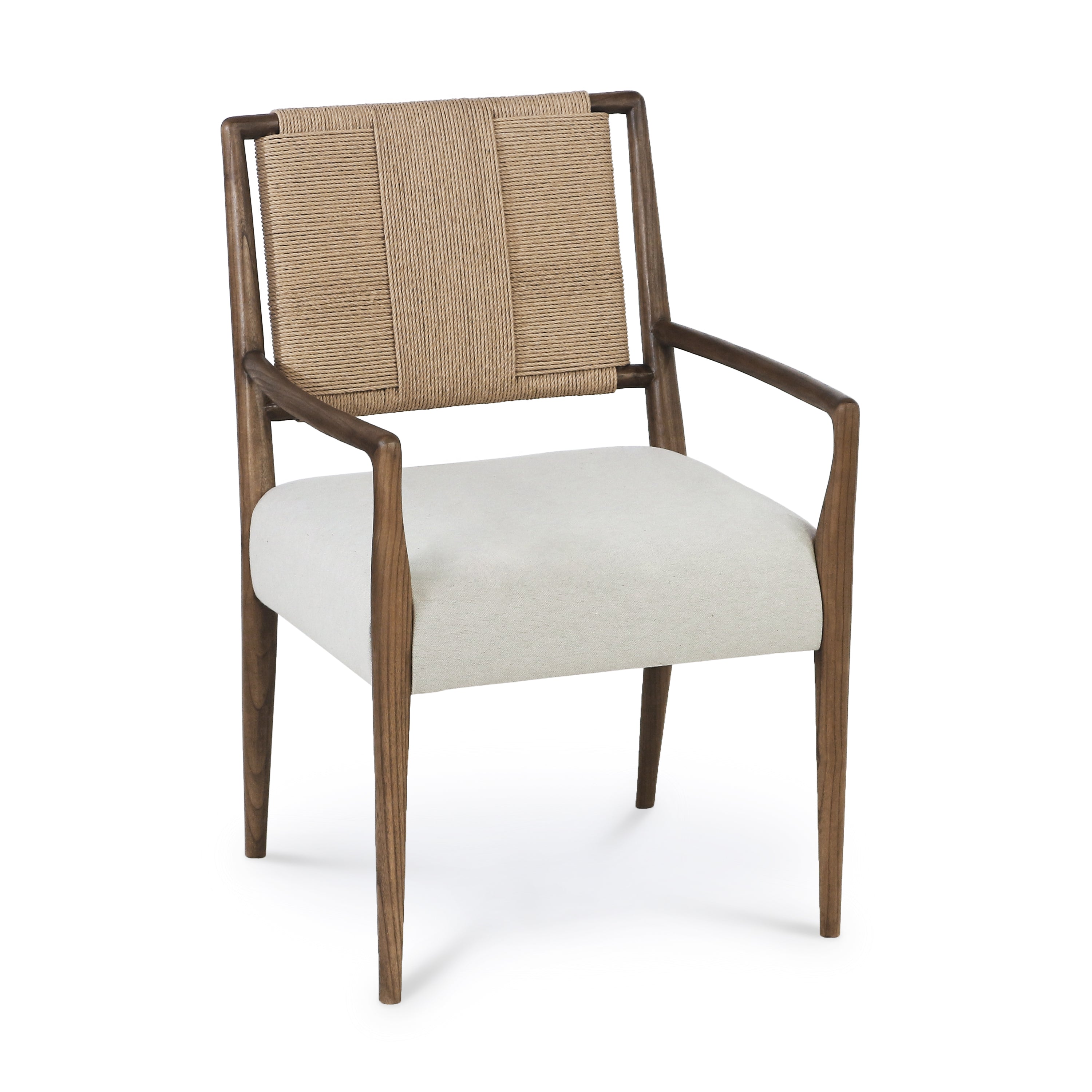 Sculpted natural wood armchair with a woven papercord back and light beige upholstered seat, slim armrests and tapered legs in a mid-century coastal style.