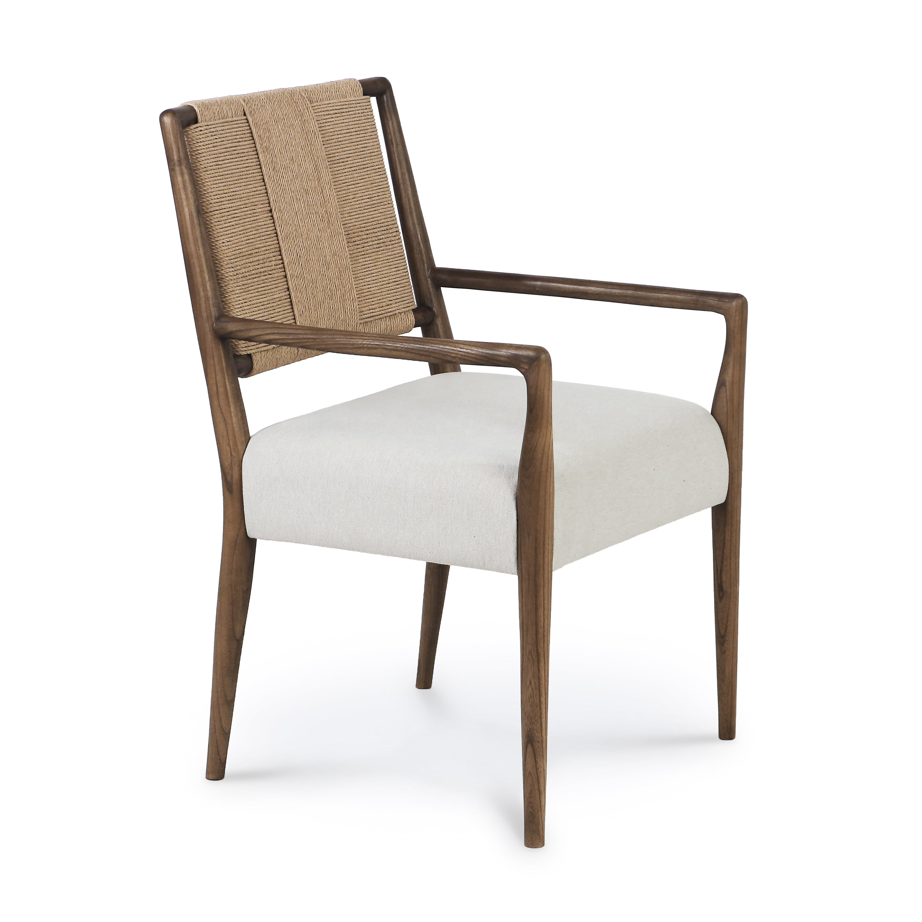 Upholstered dining armchair with a light beige fabric seat, woven natural rope back and sculpted natural wood frame with tapered legs and slim armrests on a white background.