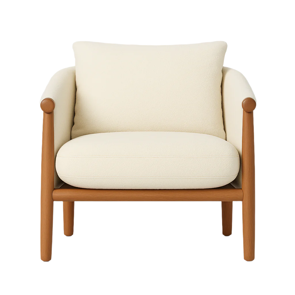 Front view of a cream boucle upholstered accent chair with a plush seat cushion, loose back pillow and a natural wood frame with rounded arm posts and tapered legs.