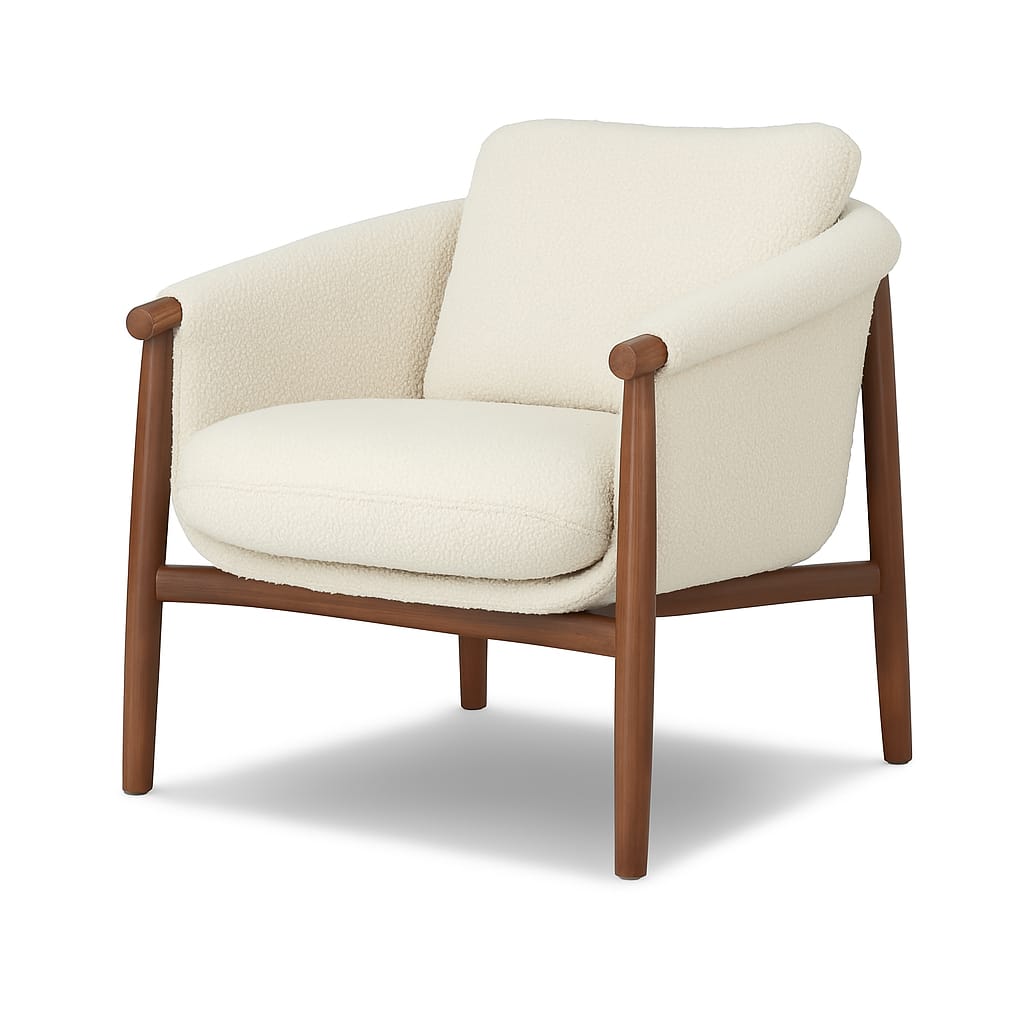 Off-white boucle upholstered accent chair with a plush seat and loose back cushion, supported by a natural wood mid-century modern frame with rounded arm caps and tapered legs.