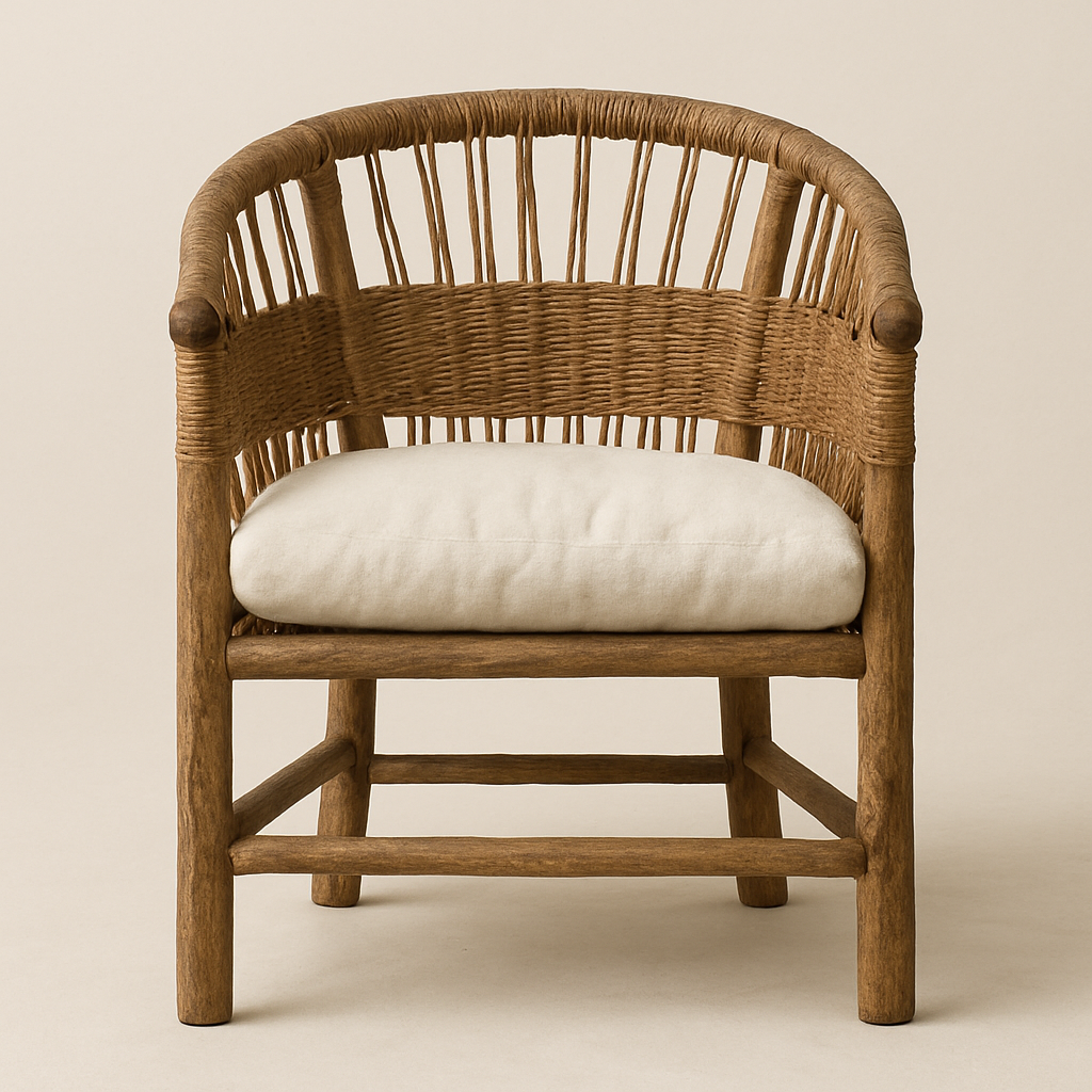 Front view of a rustic natural wood dining armchair with a woven rattan barrel back and a beige upholstered seat cushion on a sturdy solid-wood frame.
