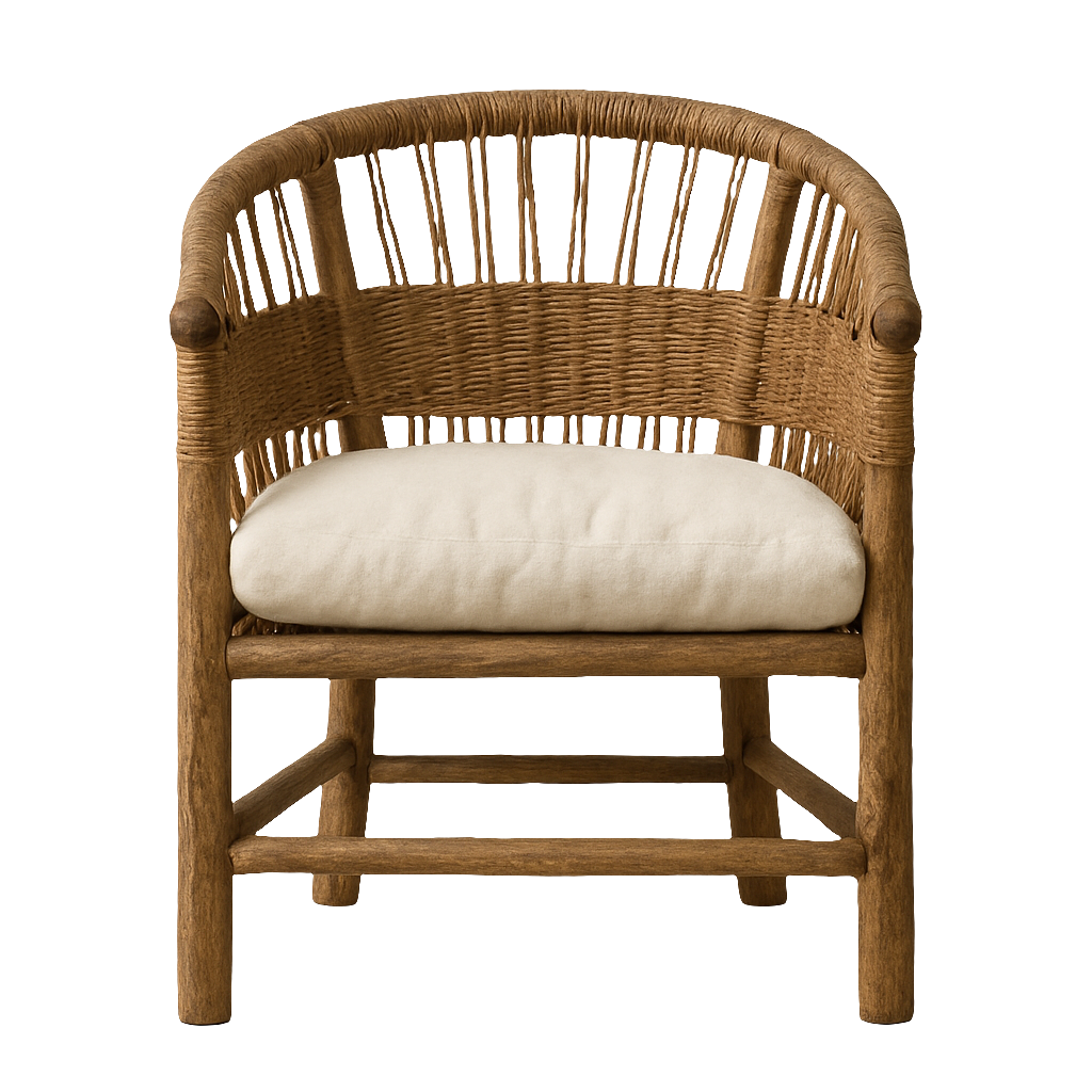 Front view of a rustic natural wood dining armchair with woven rattan back, rounded wrapped arms and a padded beige upholstered seat cushion.