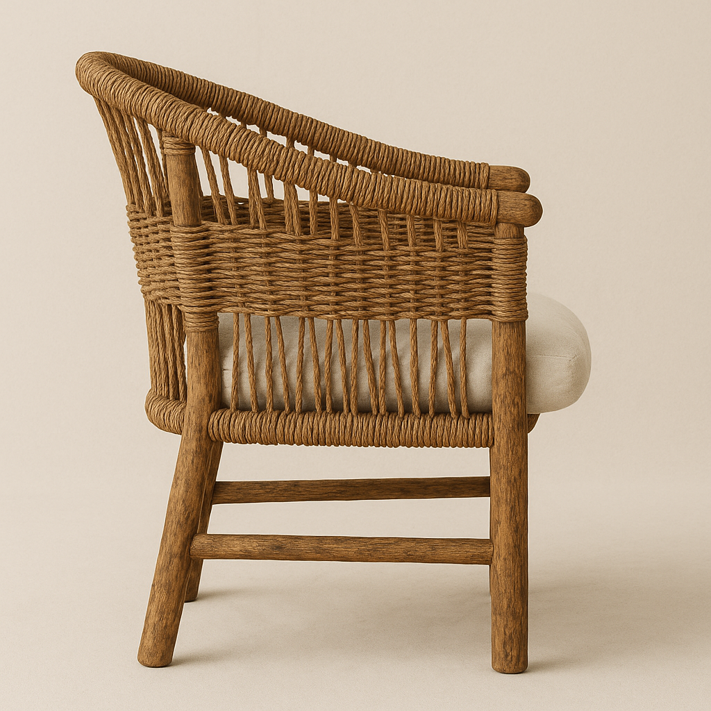 Side view of a rustic rattan dining chair with a solid natural wood frame, woven rope back and arms, and a beige upholstered seat cushion.