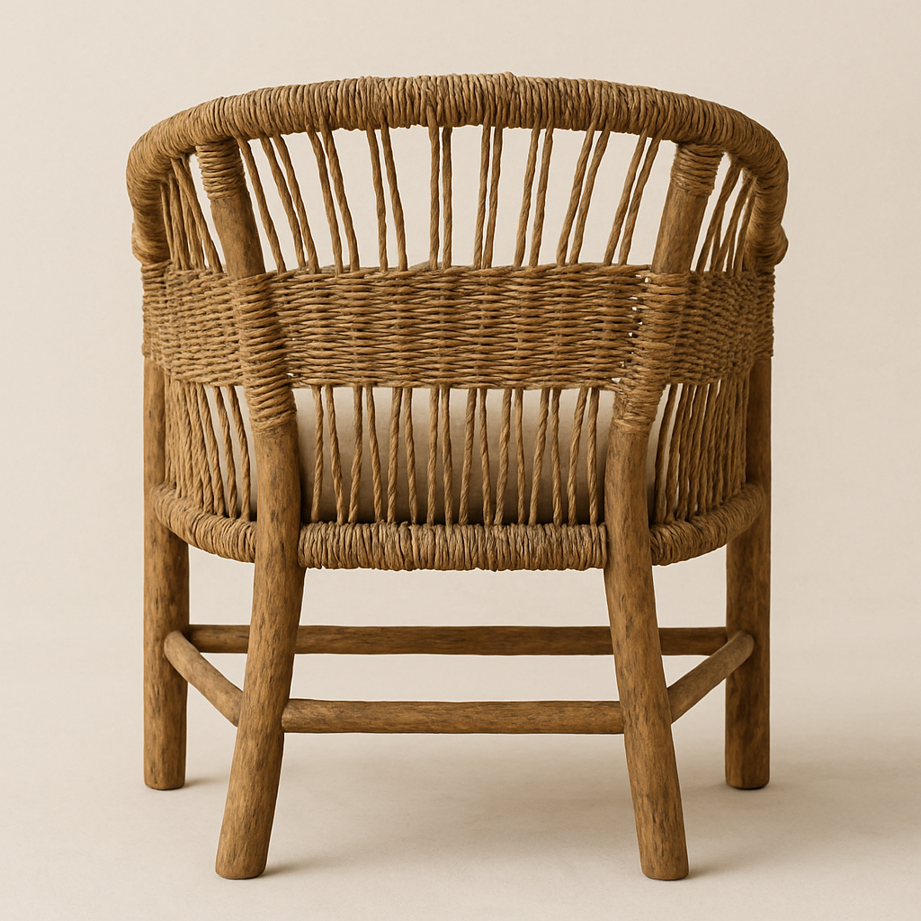 Rear view of a rustic dining chair featuring a woven rattan back with wrapped rope detailing and a natural solid wood frame, showing a beige seat cushion against a neutral backdrop.