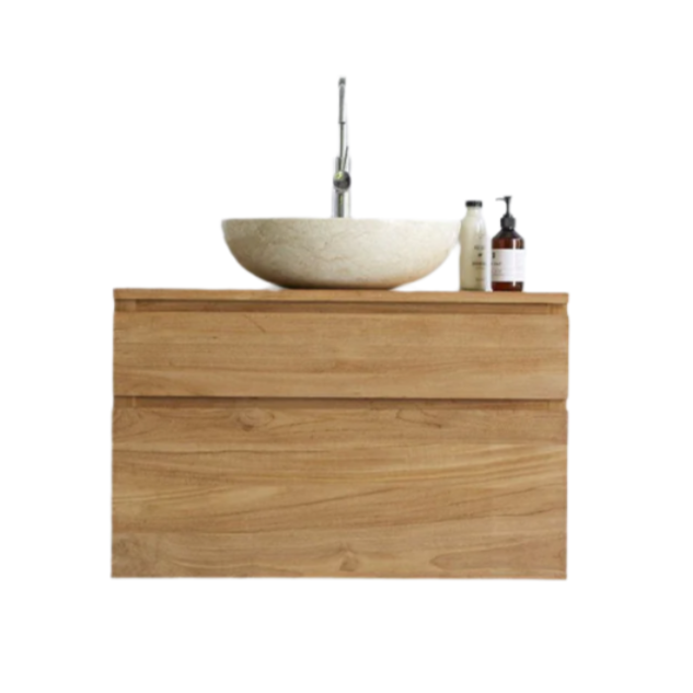 Natural teak floating bathroom vanity with two wood-grain drawers and a cream stone round vessel sink, chrome tall faucet and two bottles on top, modern single-sink contemporary design.