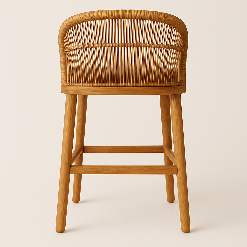 Back view of a natural teak outdoor counter stool featuring a curved woven rope backrest, tapered teak legs and horizontal footrest rails in a warm coastal teak finish.