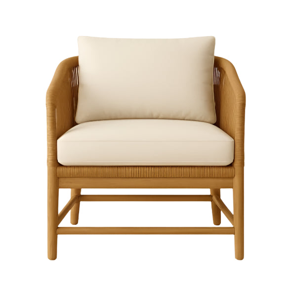 Front view of a coastal outdoor club chair with a natural teak frame, woven rope sides and plush beige fabric seat and back cushions.