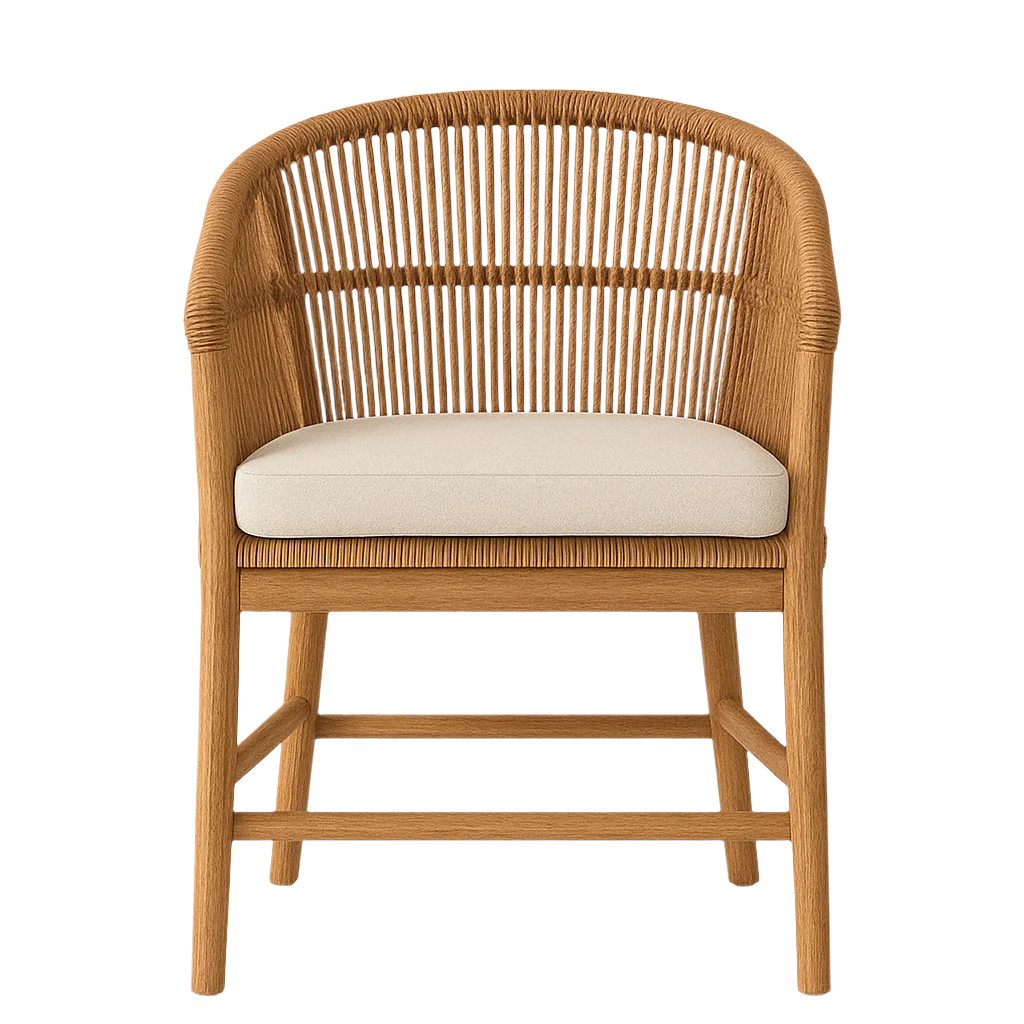Front view of a coastal-style outdoor dining chair with a solid teak frame, curved woven rope barrel back and a light beige cushioned seat on a white background.