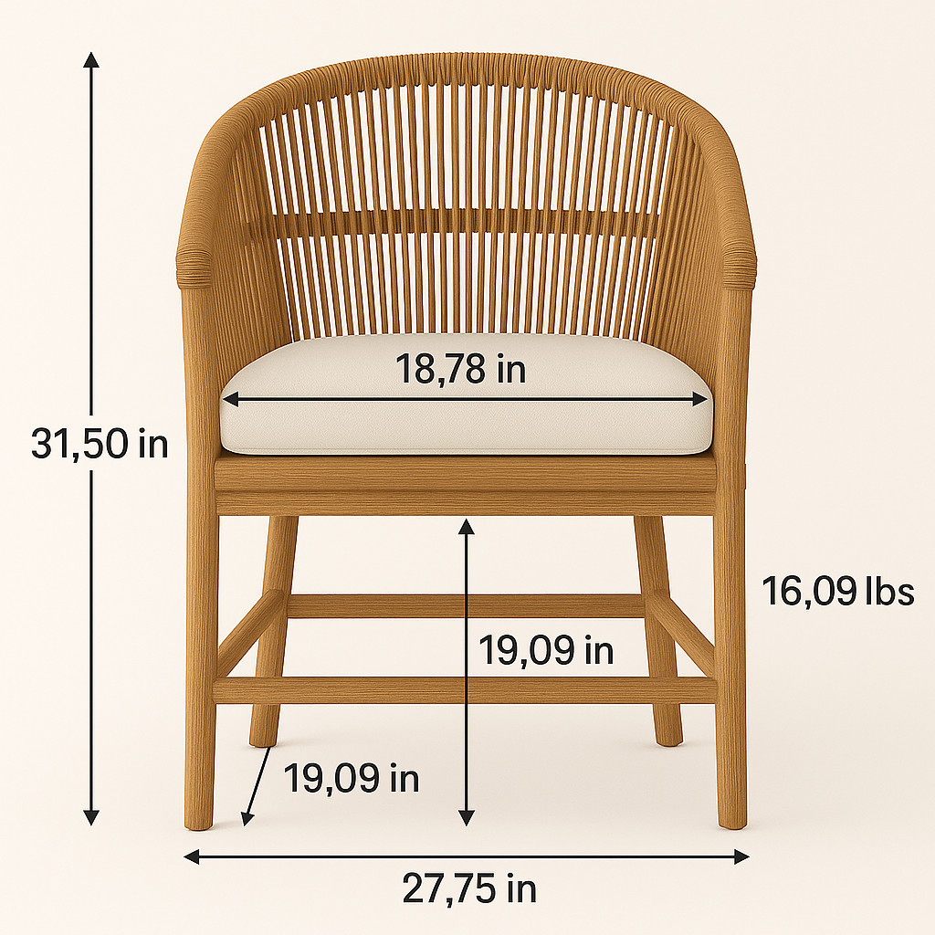 Front view of a coastal-style outdoor teak dining chair with curved rope-woven back, rounded arms and a cream cushioned seat on a natural teak frame; measurement callouts (31.5 in height, 27.75 in width) are overlaid.