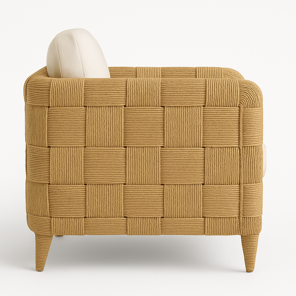 Side view of a natural-colored, all-weather woven rattan outdoor lounger with thick rope-like straps, tapered wrapped legs, and a cream fabric back cushion.