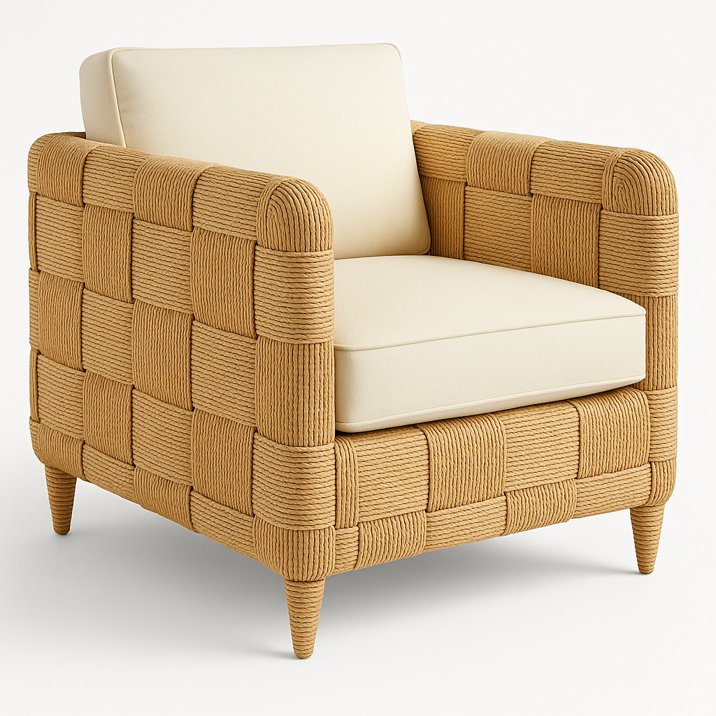 All-weather outdoor lounger with a natural woven synthetic rattan frame wrapped in thick rope, tapered legs, and plush cream upholstered seat and back cushions.