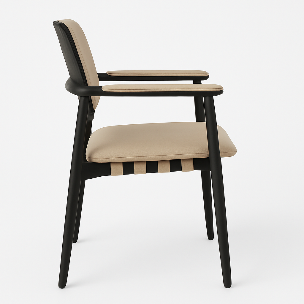 Side profile of a modern dining chair with a black oak frame and beige leather-upholstered seat, back and padded armrests, showing tapered legs and exposed woven straps under the cushion on a white background.