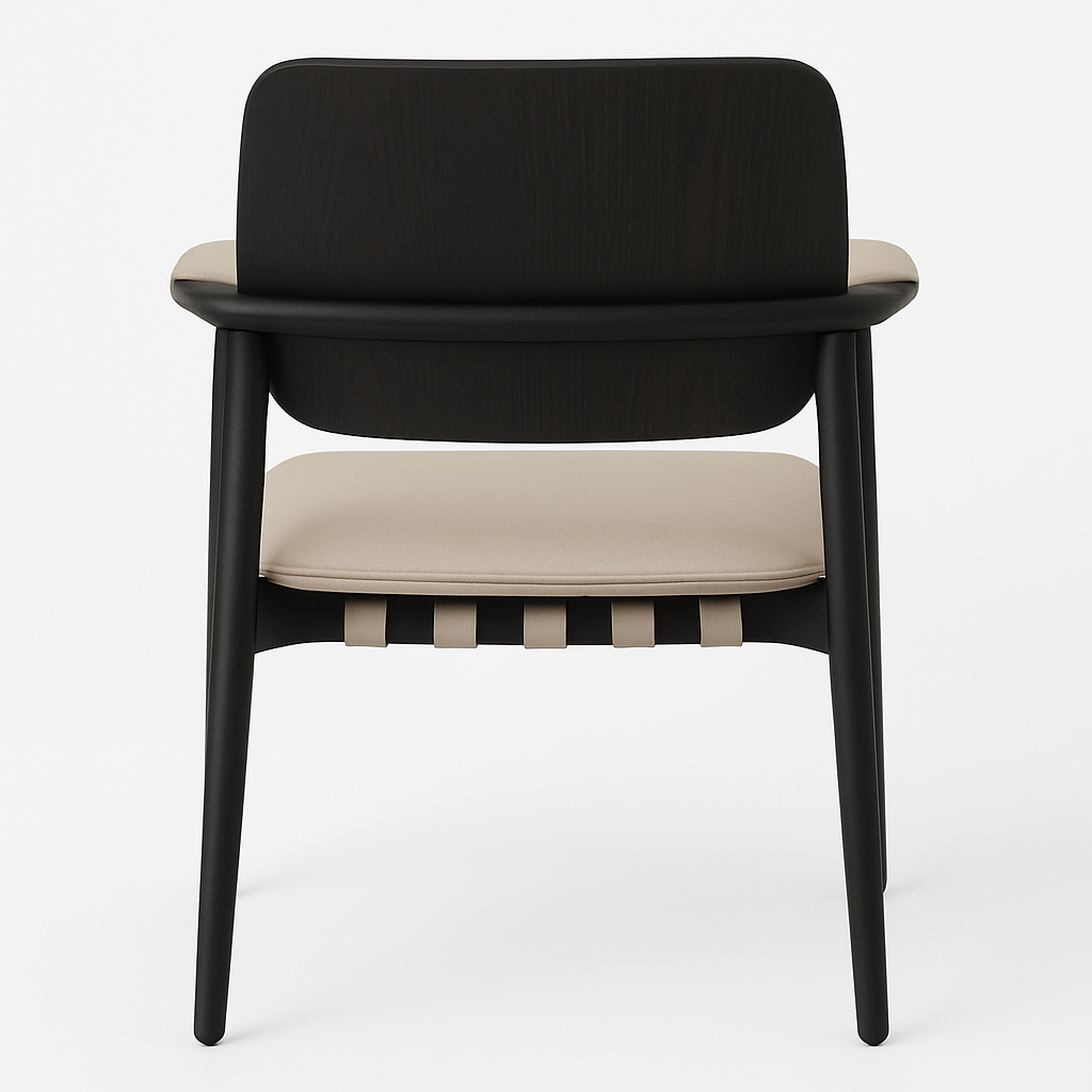 Rear view of a modern dining chair with inked oak backrest and frame, black tapered legs, a beige leather seat cushion and beige strap webbing visible beneath the seat.