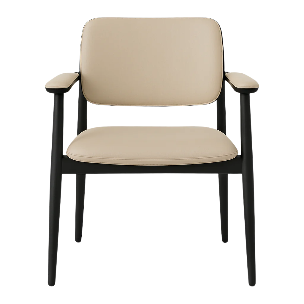 Front view of a modern dining chair with beige leather upholstered seat and back, black inked-oak wood frame with tapered legs, and padded beige armrests.