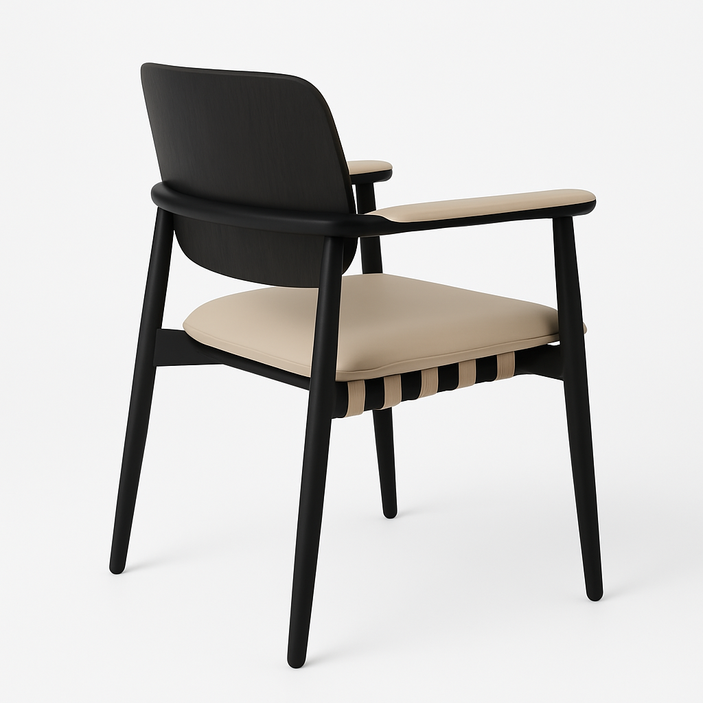 Rear three-quarter view of a modern dining chair with inked black oak frame, curved wood back, beige leather seat cushion and arm pads, and alternating black-and-beige webbing straps visible under the seat.