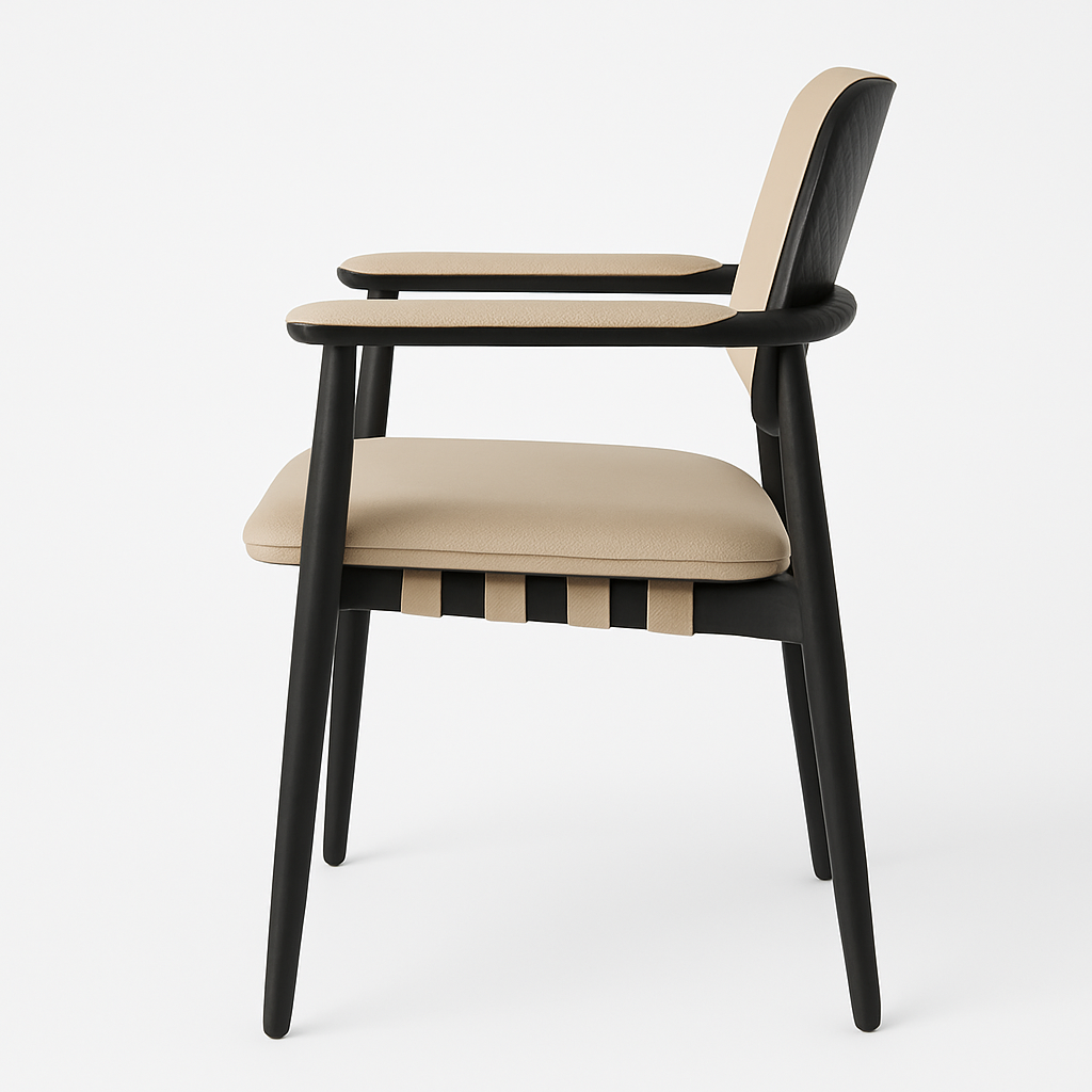 Side view of a modern dining chair with black-stained oak frame, beige leather upholstered seat, arm pads and slim back, tapered legs and visible leather straps beneath the seat.