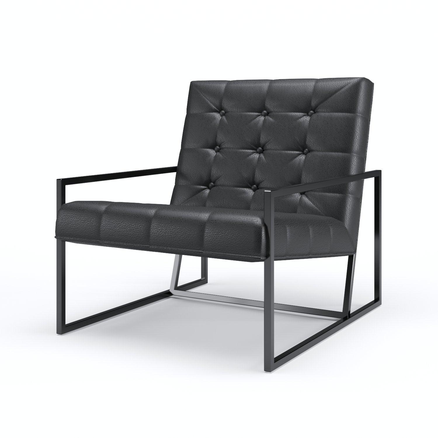 Modern Scandinavian black tufted faux leather lounge chair with button-tufted seat and back, slim black metal square-frame base and open rectangular arms in a low-profile accent chair design for living rooms.