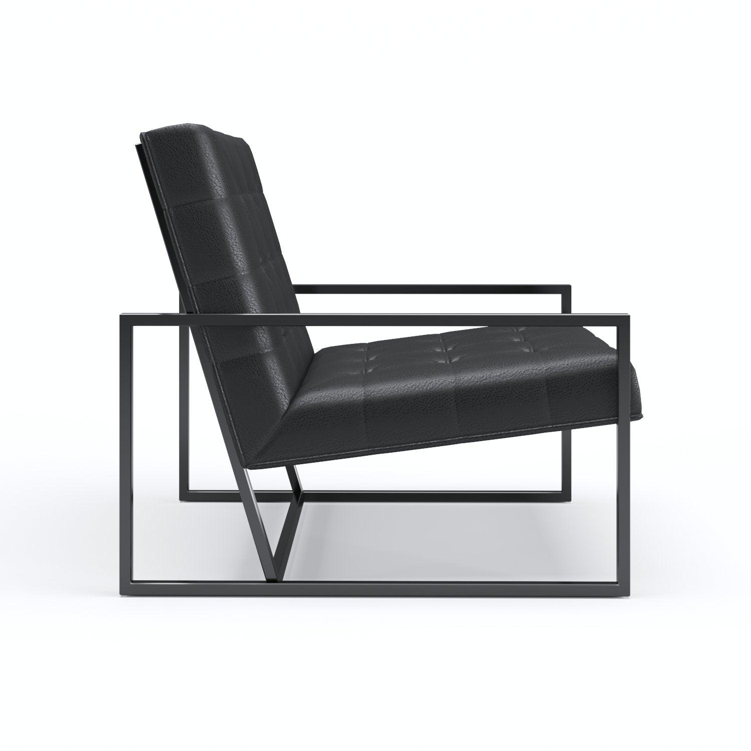Side profile of a modern Scandinavian-style black faux leather lounge chair with tufted seat and back, supported by a minimalist matte-black metal square frame with integrated open armrests.