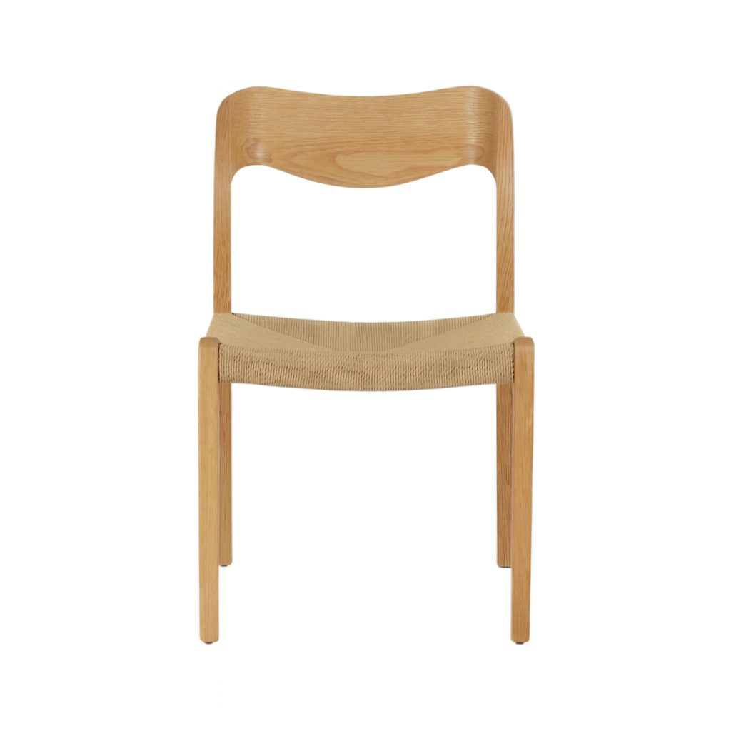 Front view of a natural teak dining chair with a curved solid wood backrest and woven natural rope seat, armless mid-century Scandinavian design on four straight teak legs.