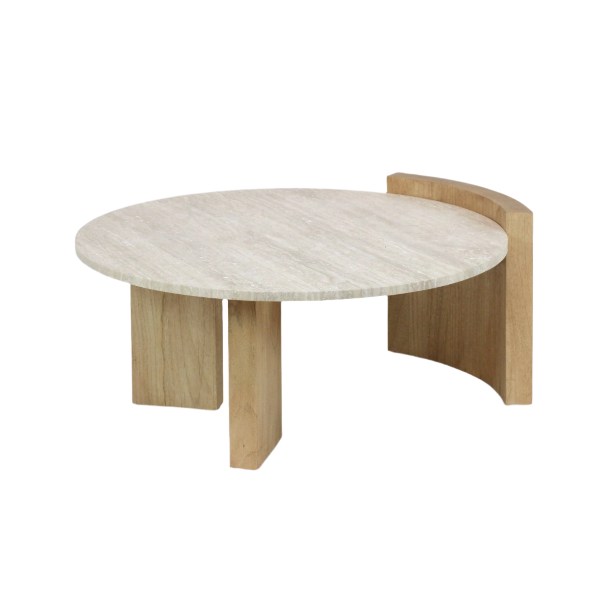 Low-profile round travertine coffee table with a light beige stone top and a natural solid wood curved base supported by three rectangular supports, modern contemporary design.