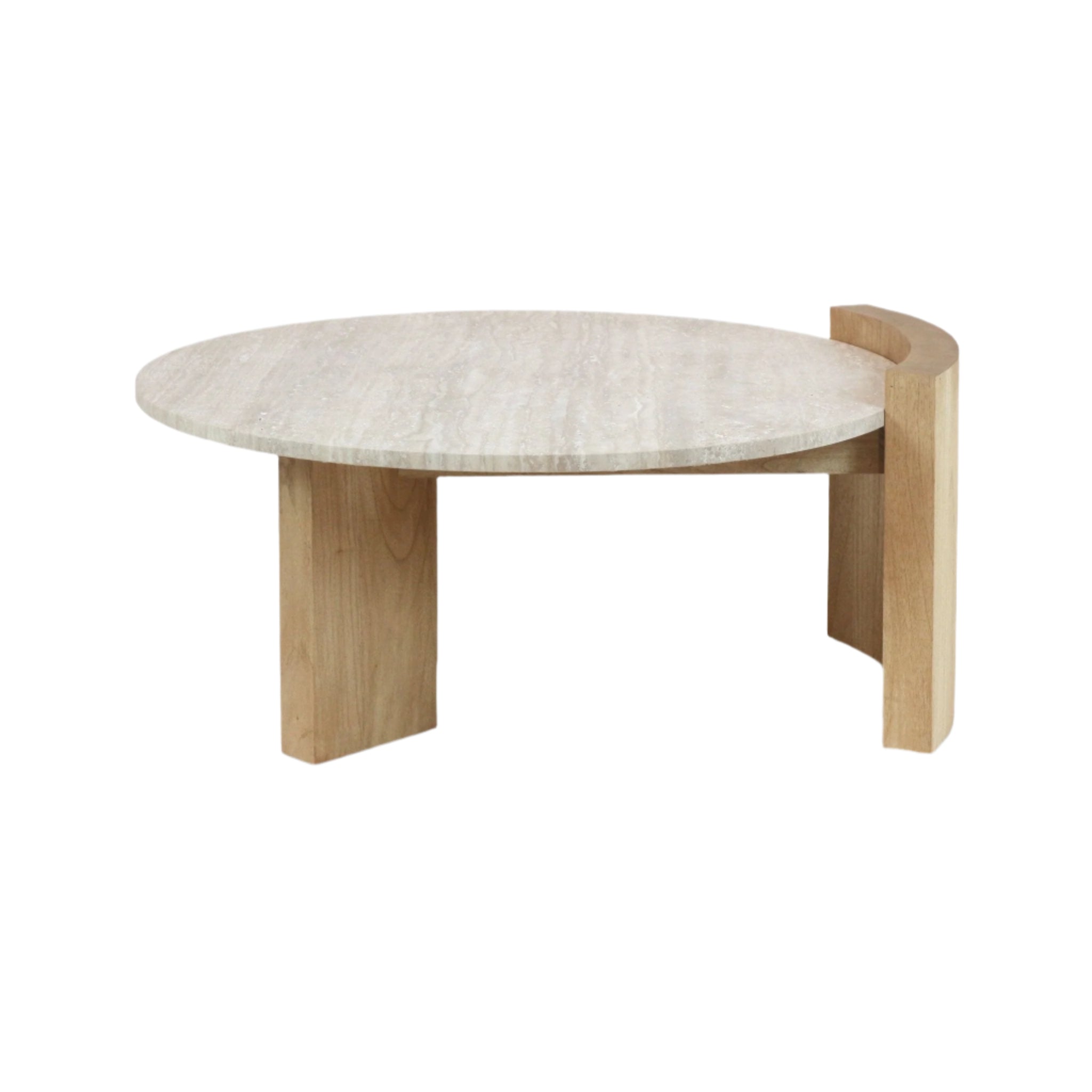 Round travertine coffee table with a pale beige stone top resting on a natural solid wood base with flat legs and a curved support, in a modern minimalist style.