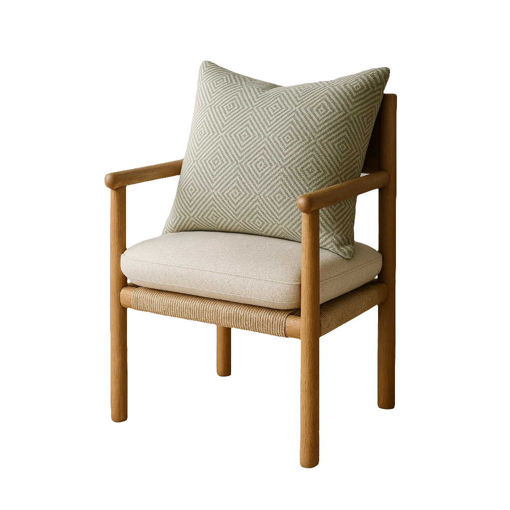 Danish-style dining chair with rounded oak frame and arms, papercord-wrapped seat rail, beige upholstered seat cushion, and a sage-green geometric patterned back pillow.
