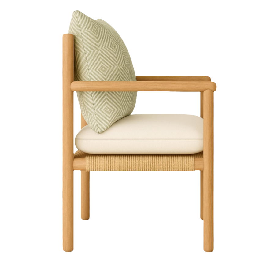 Side view of a Danish dining chair with a natural oak frame, woven papercord seat, cream upholstered seat cushion, and a pale sage patterned back cushion.