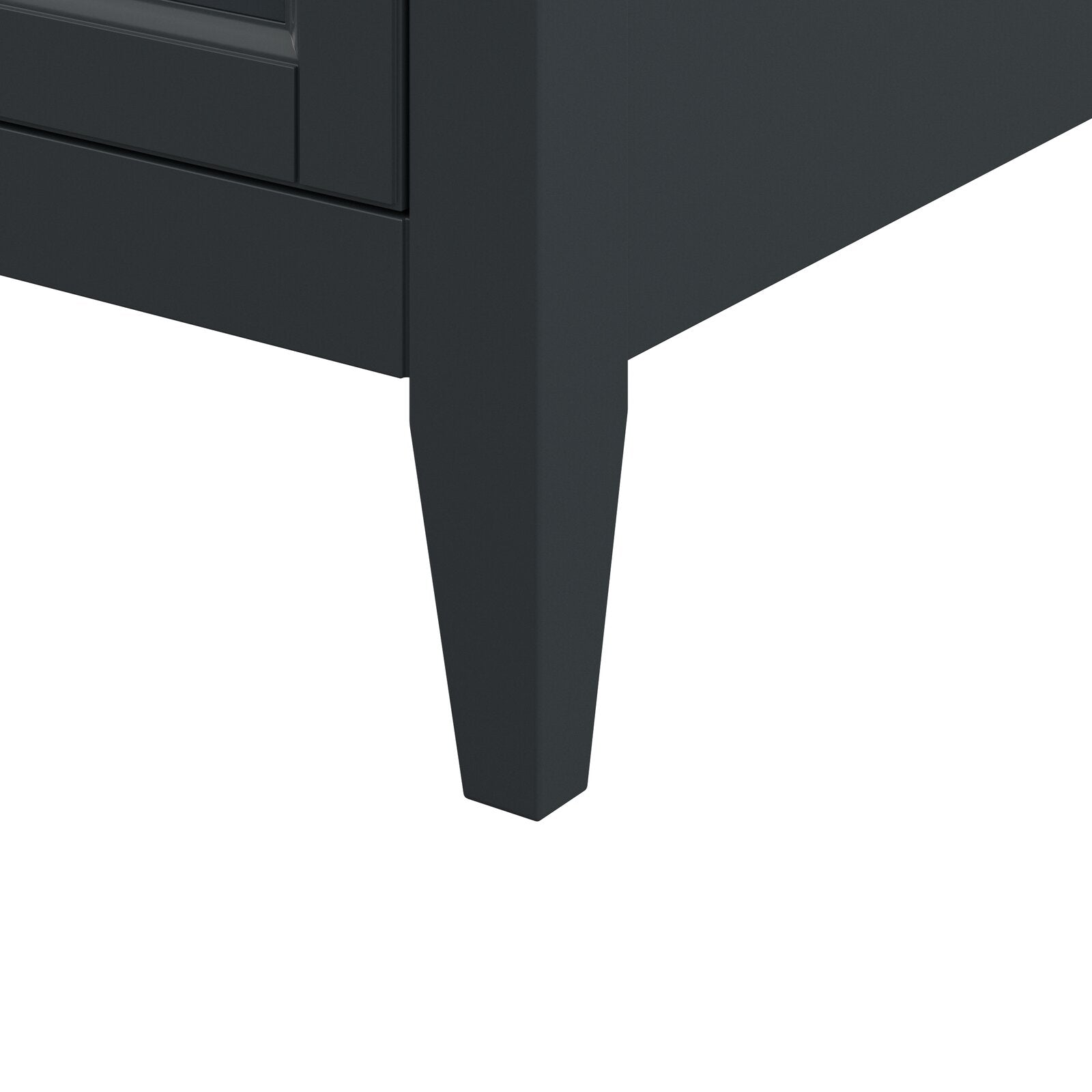 Close-up of a modern solid wood vanity's tapered leg and lower cabinet corner in stone finish, highlighting the contemporary clean lines and painted wood construction.