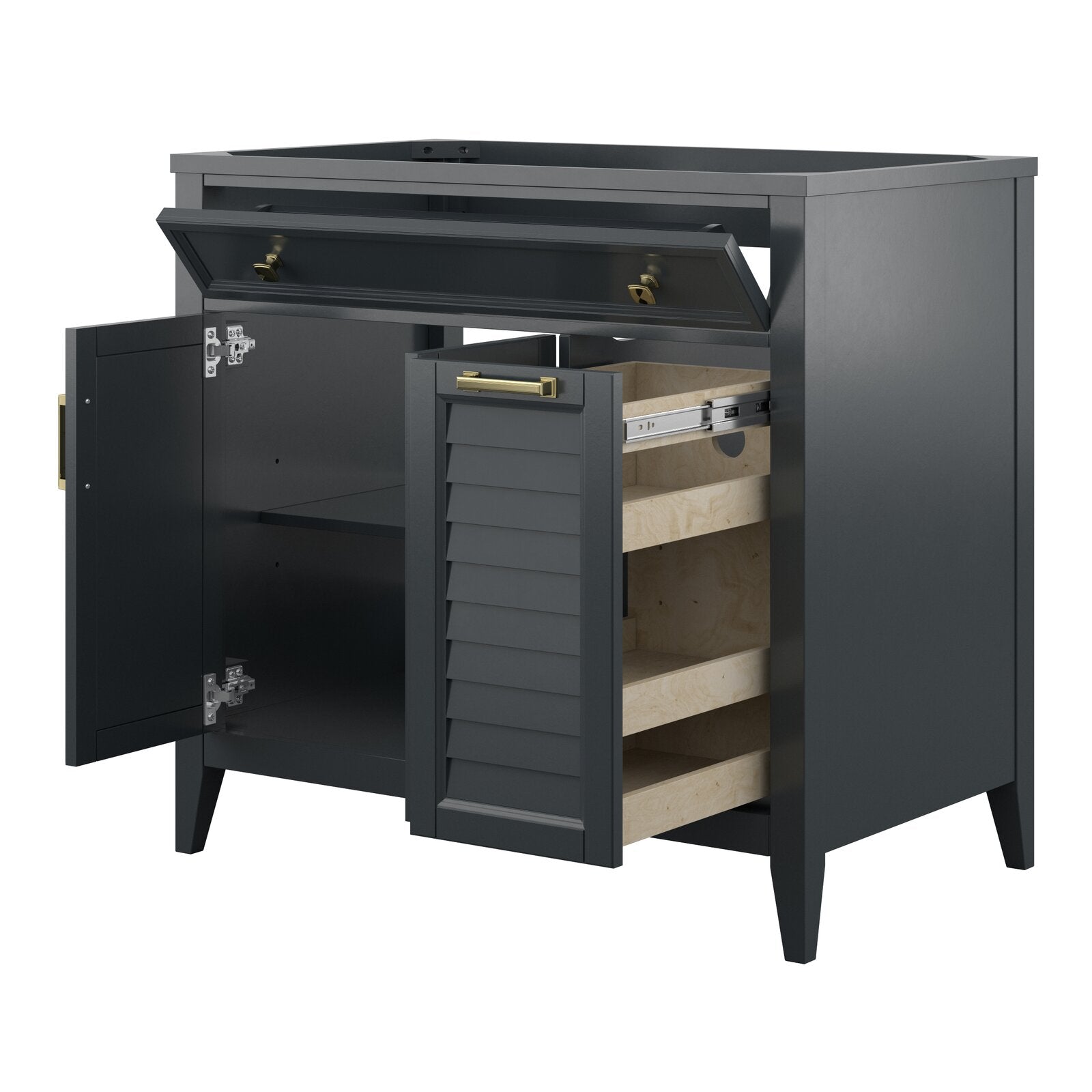 Modern 37-inch stone-colored solid wood freestanding bathroom vanity shown with an open cabinet door, slatted center panel, three pull-out plywood storage trays, brass-tone handles and a top cutout for a single sink.
