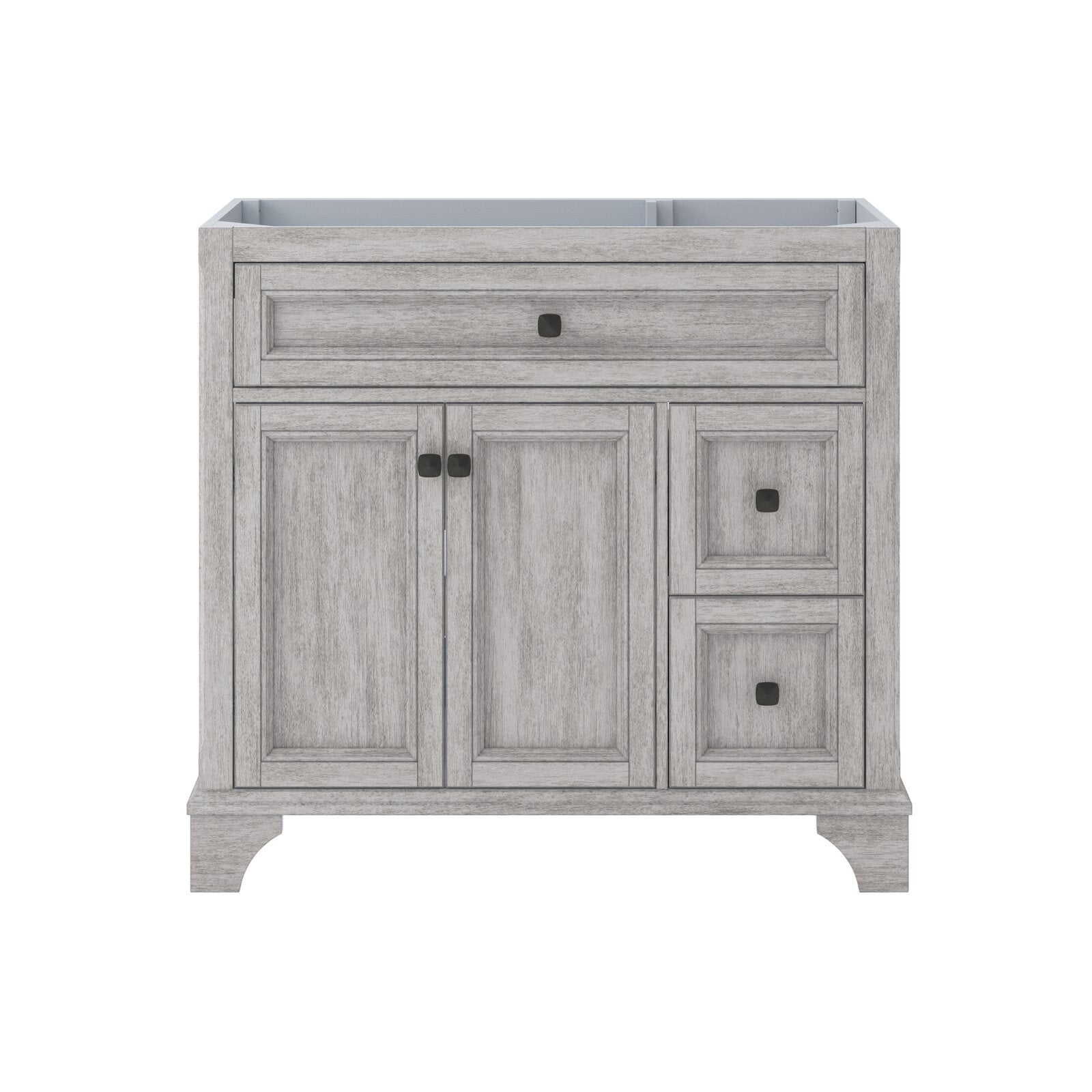 Front view of a 37-inch stone-gray solid-wood freestanding bathroom vanity with open top for a single sink, a full-width top drawer, double cabinet doors and two stacked right drawers, recessed panels and matte black square knobs.