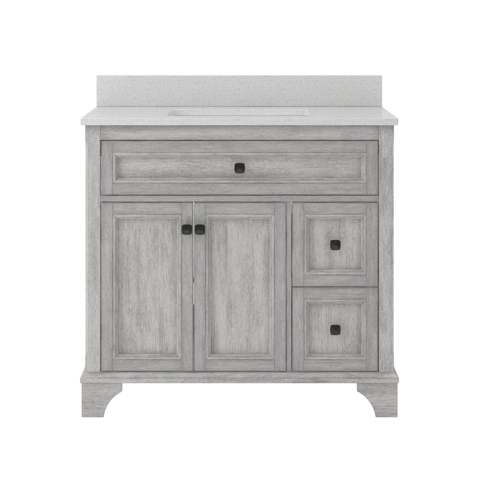 37-inch gray solid wood bathroom vanity with a speckled stone countertop and integrated rectangular sink; freestanding modern cabinet with center double doors, two stacked right drawers and a full-width top drawer with square dark knobs.