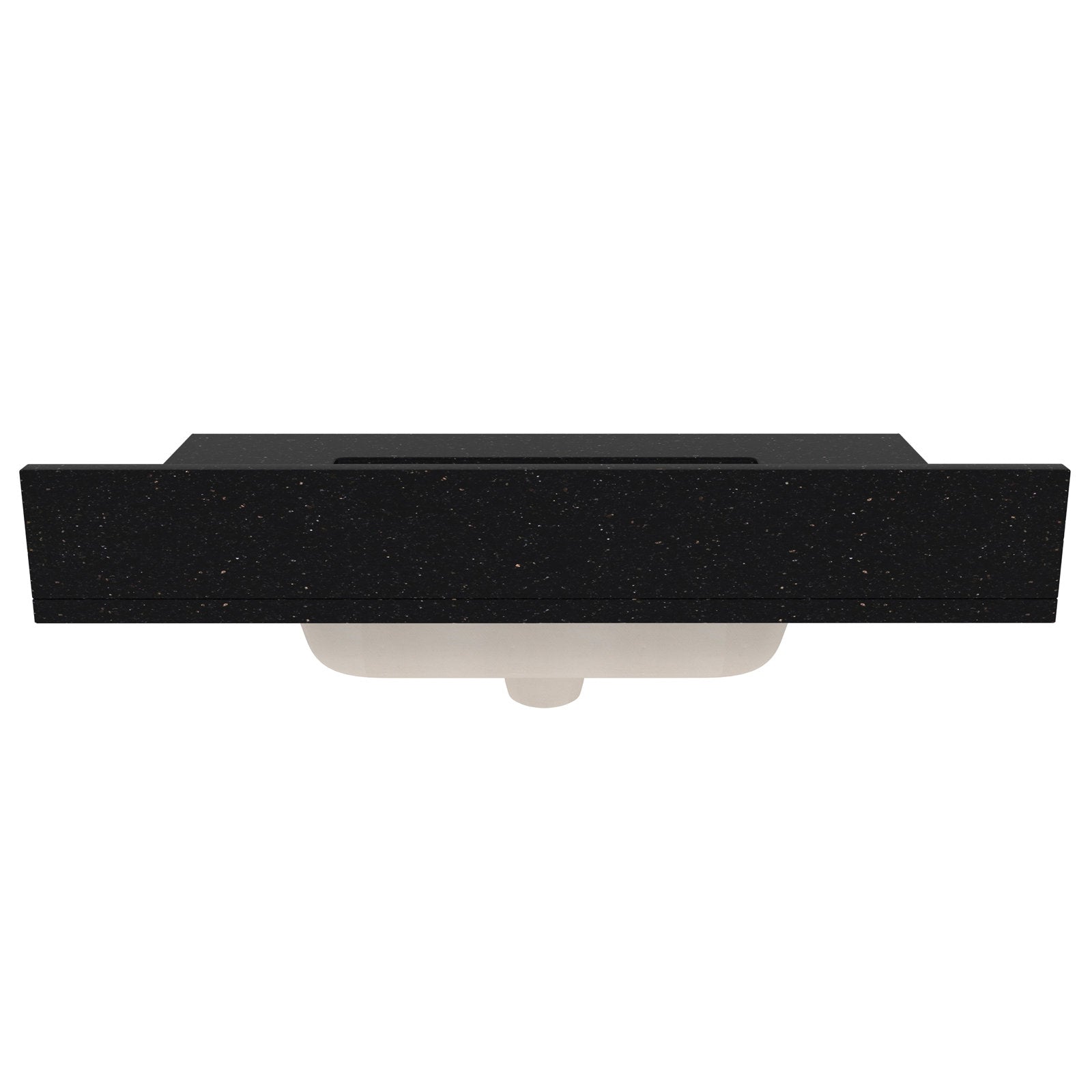 Top view of a 31-inch modern bathroom vanity showing a black speckled quartz countertop with a centered rectangular sink cutout and the white undermount ceramic basin visible beneath.