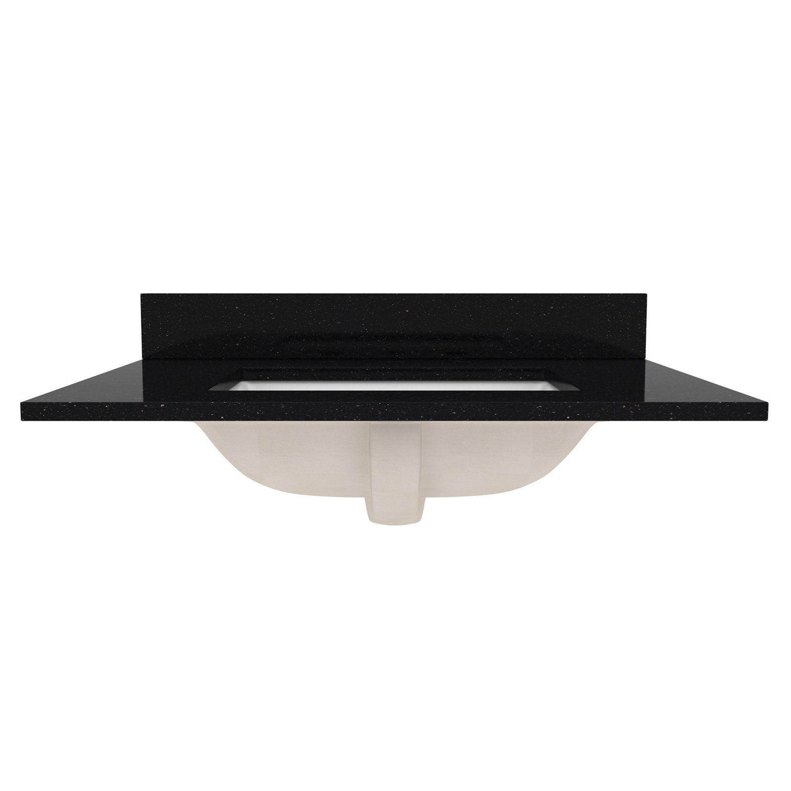 Front view of a black speckled quartz bathroom vanity top with low matching backsplash and a white ceramic undermount sink visible beneath, shown on a clean white background.