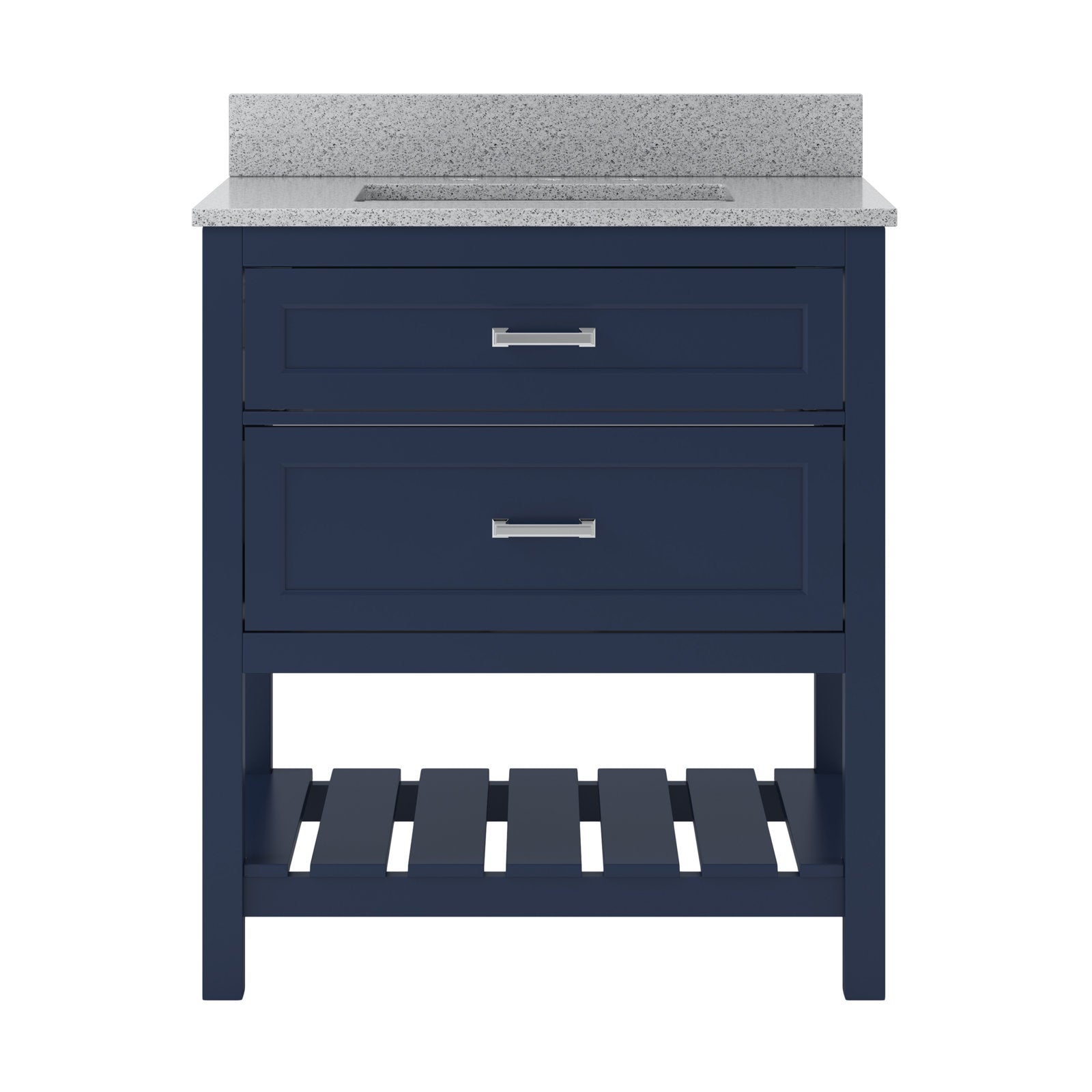 Front view of a modern solid wood single-sink bathroom vanity with a speckled stone countertop and backsplash, two drawers with chrome bar pulls, and a slatted open lower shelf.