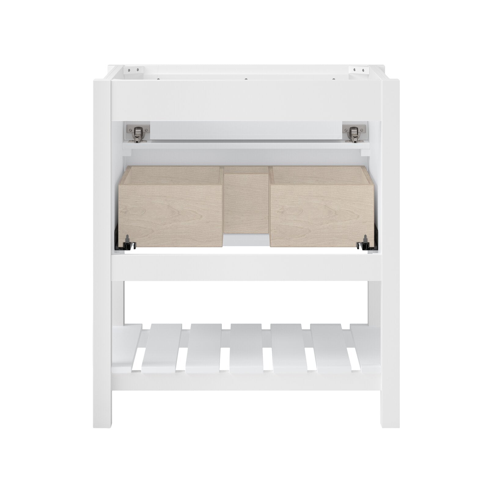 Front view of a 31-inch modern white solid wood bathroom vanity base showing exposed light wood drawer compartments, visible metal hinges and black hardware clips, and a slatted open lower shelf.