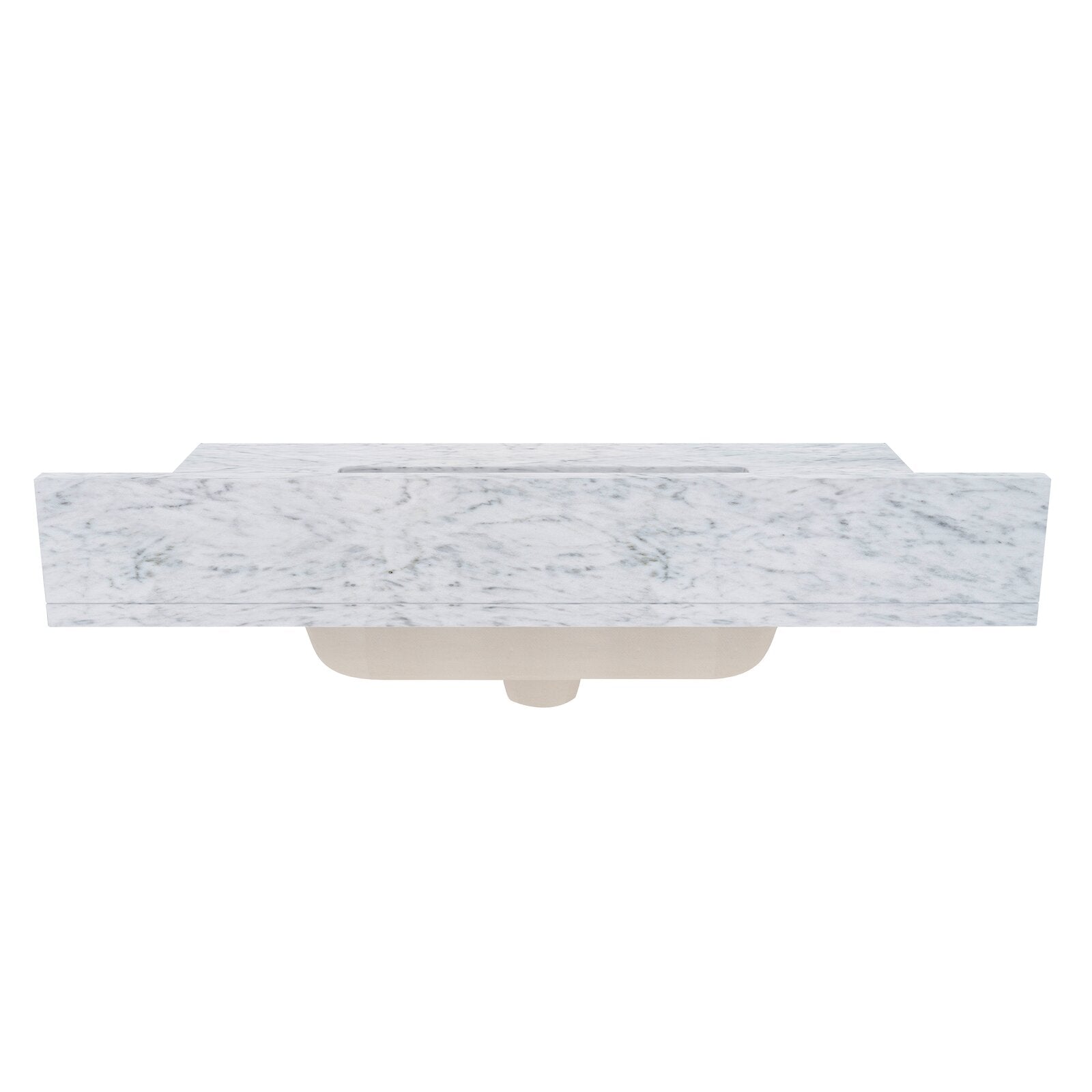Front view of a white quartz vanity top with soft gray veining and a centered undermount rectangular sink, showing the sink basin underside against a clean white background.