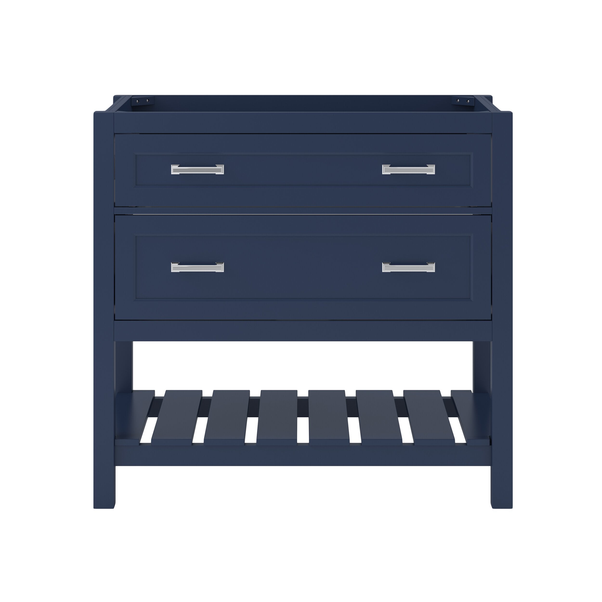Aegean blue solid wood bathroom vanity base with two front drawers, chrome bar pulls and an open slatted lower shelf, shown without a countertop or sink.
