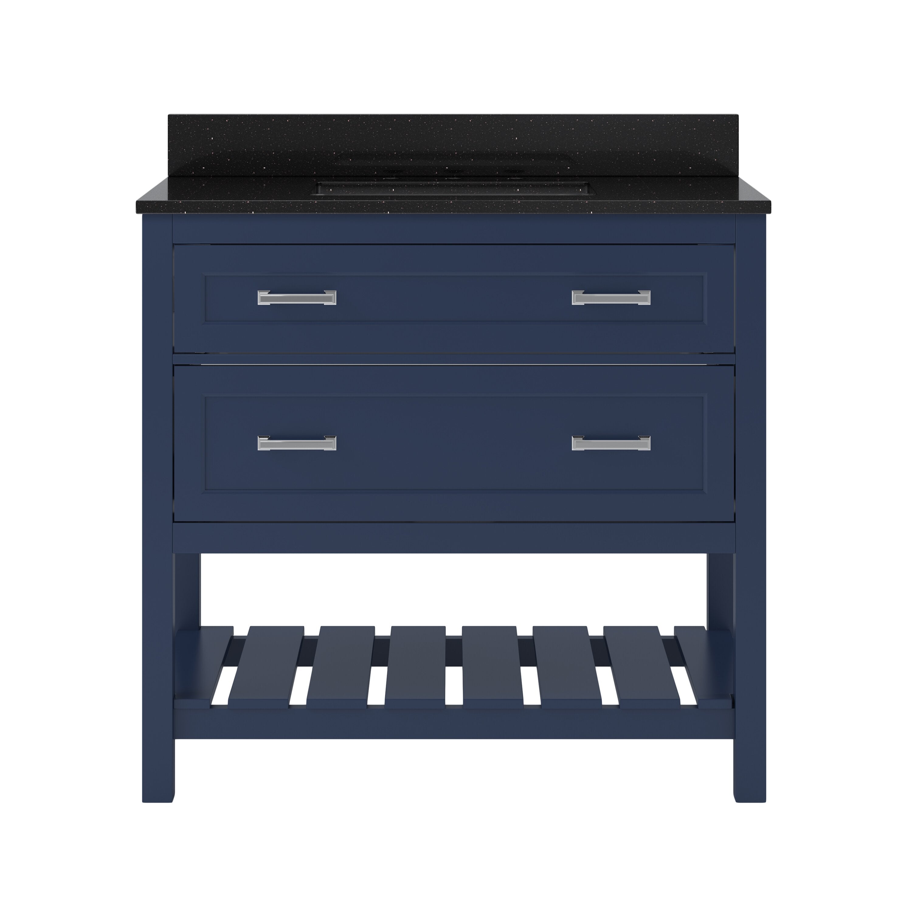 Front view of a navy solid wood single-sink bathroom vanity with a black speckled marble top and backsplash, two large drawers with silver bar pulls, and an open slatted lower shelf.