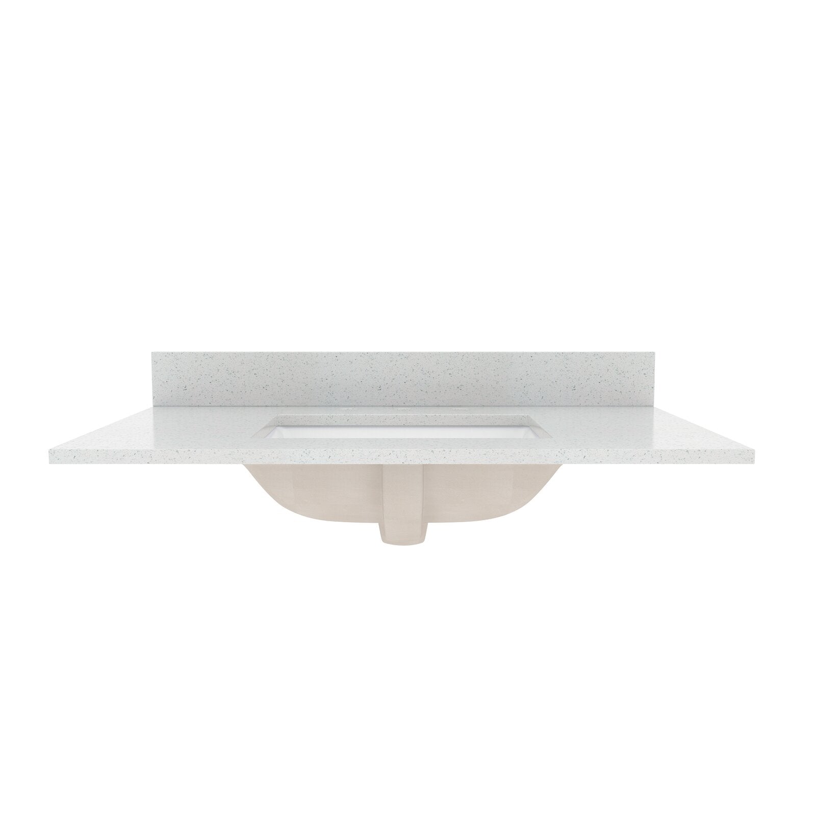 Glam-inspired white speckled marble vanity top with low matching backsplash and centered rectangular integrated sink, showing the light beige underside of the basin.