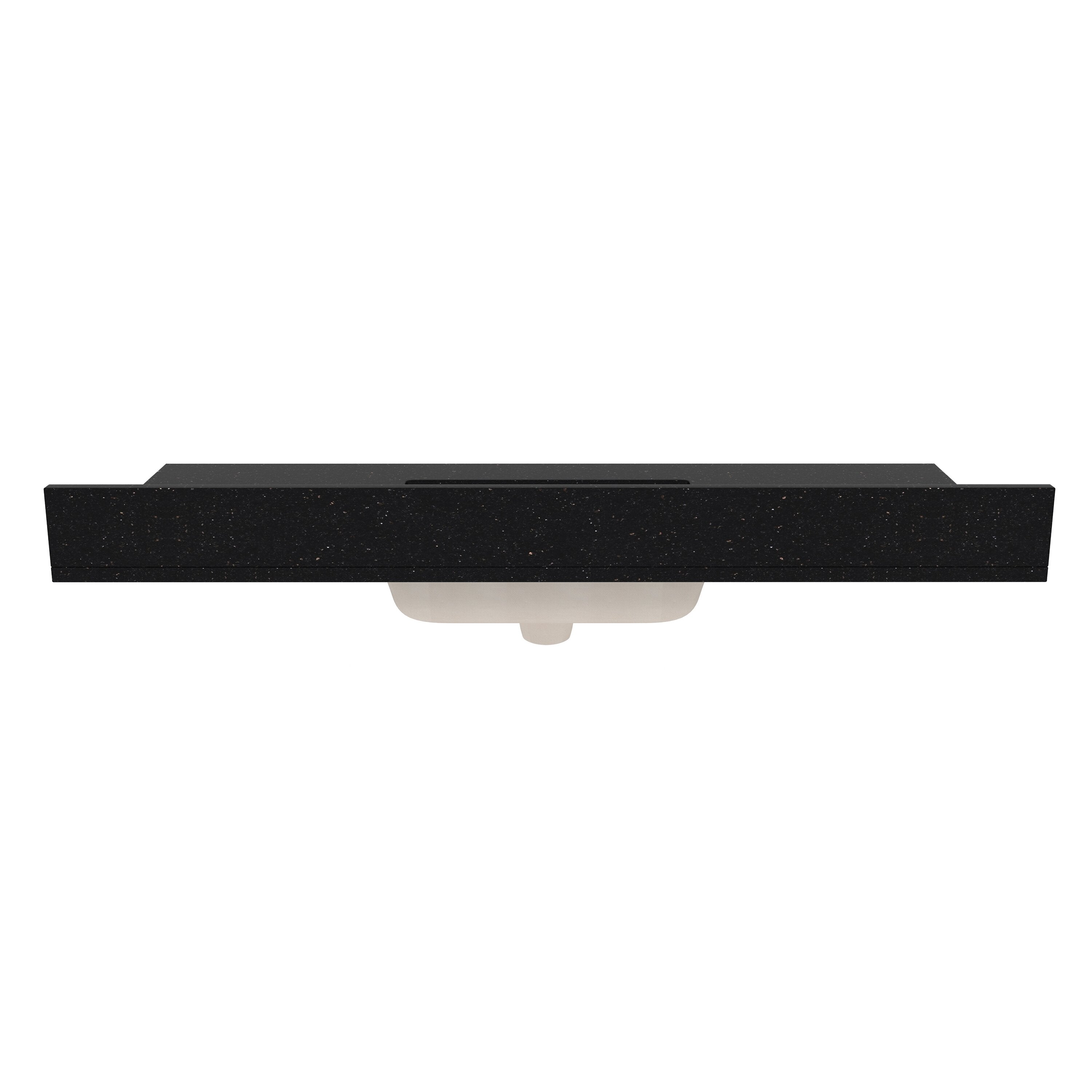 Front view of a 49-inch black quartz single-sink vanity top with speckled stone finish and a white undermount ceramic basin visible beneath, featuring a modern rectangular profile.